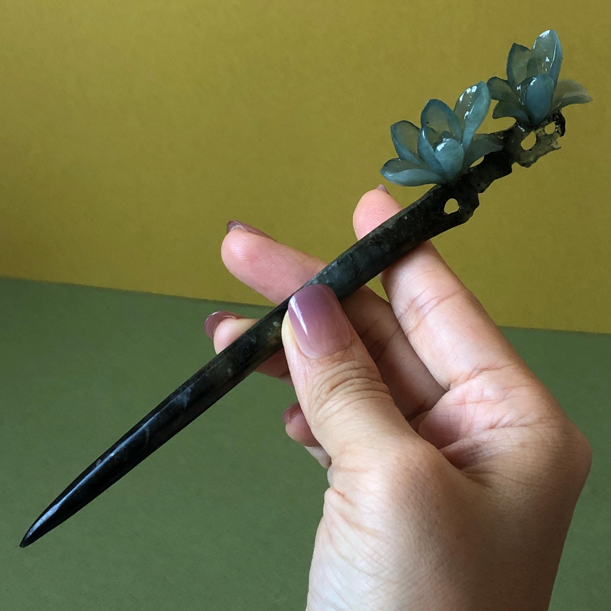 Xiu Jade Serpentine Hand Carved Yulan Magnolia Flower Hair Pin: Natural Certified Black & Blue Jade Handcrafted Flower Hair Stick | Asian Chinese Vintage Style Gift, Korean hair pin, Japanese Hair Stick, Chinese Hair Comb, Flower Jade Carving, engraved jade hairpin, blue jade black jade muti colour jade bi colour jade certified natural jade gift for her mother day gift, bridal hairpin, wedding hair stick Yulan carving Magnolia carving hanfu hair stick bridal shower gift wedding headpiece