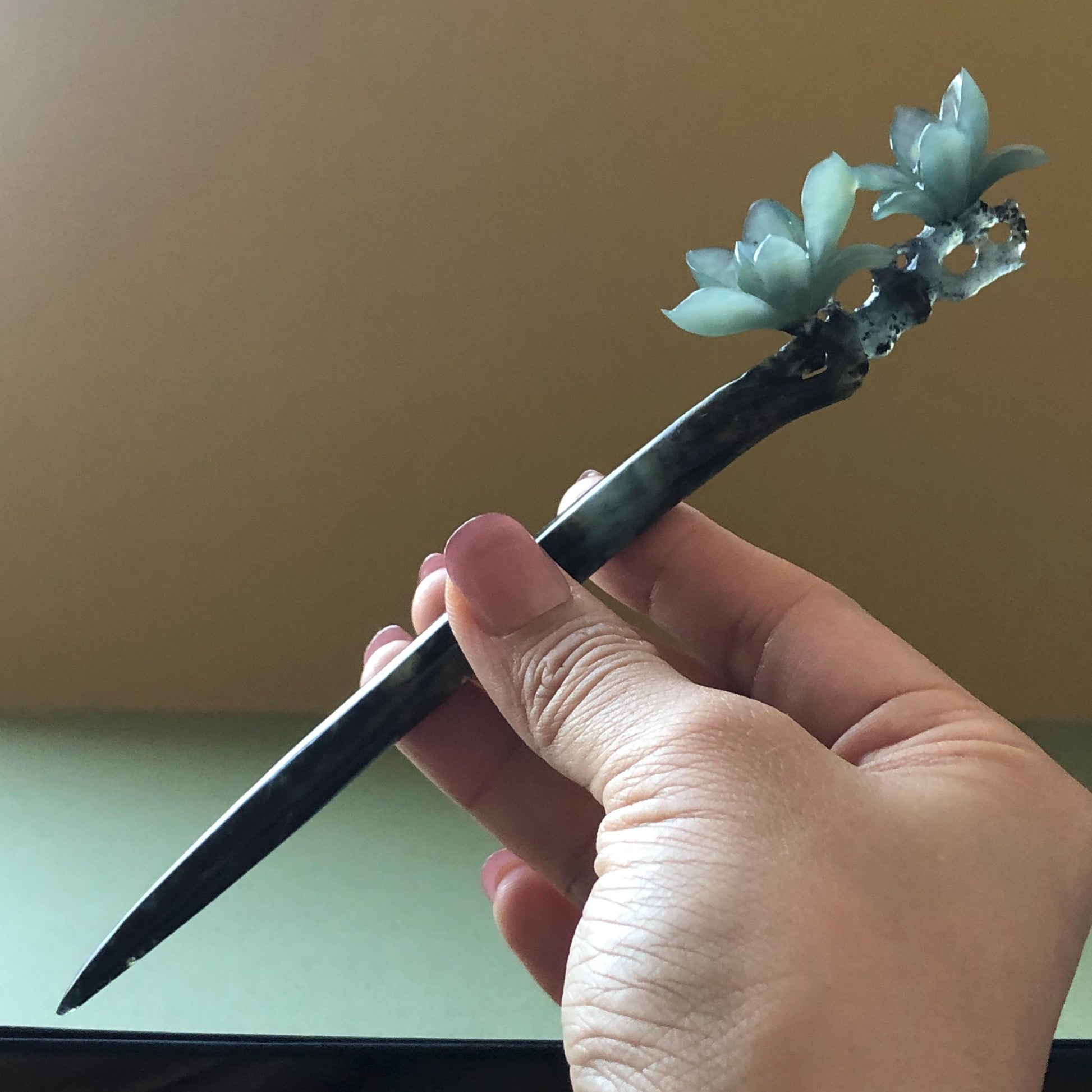 Xiu Jade Serpentine Hand Carved Yulan Magnolia Flower Hair Pin: Natural Certified Black & Blue Jade Handcrafted Flower Hair Stick | Asian Chinese Vintage Style Gift, Korean hair pin, Japanese Hair Stick, Chinese Hair Comb, Flower Jade Carving, engraved jade hairpin, blue jade black jade muti colour jade bi colour jade certified natural jade gift for her mother day gift, bridal hairpin, wedding hair stick Yulan carving Magnolia carving hanfu hair stick bridal shower gift wedding headpiece