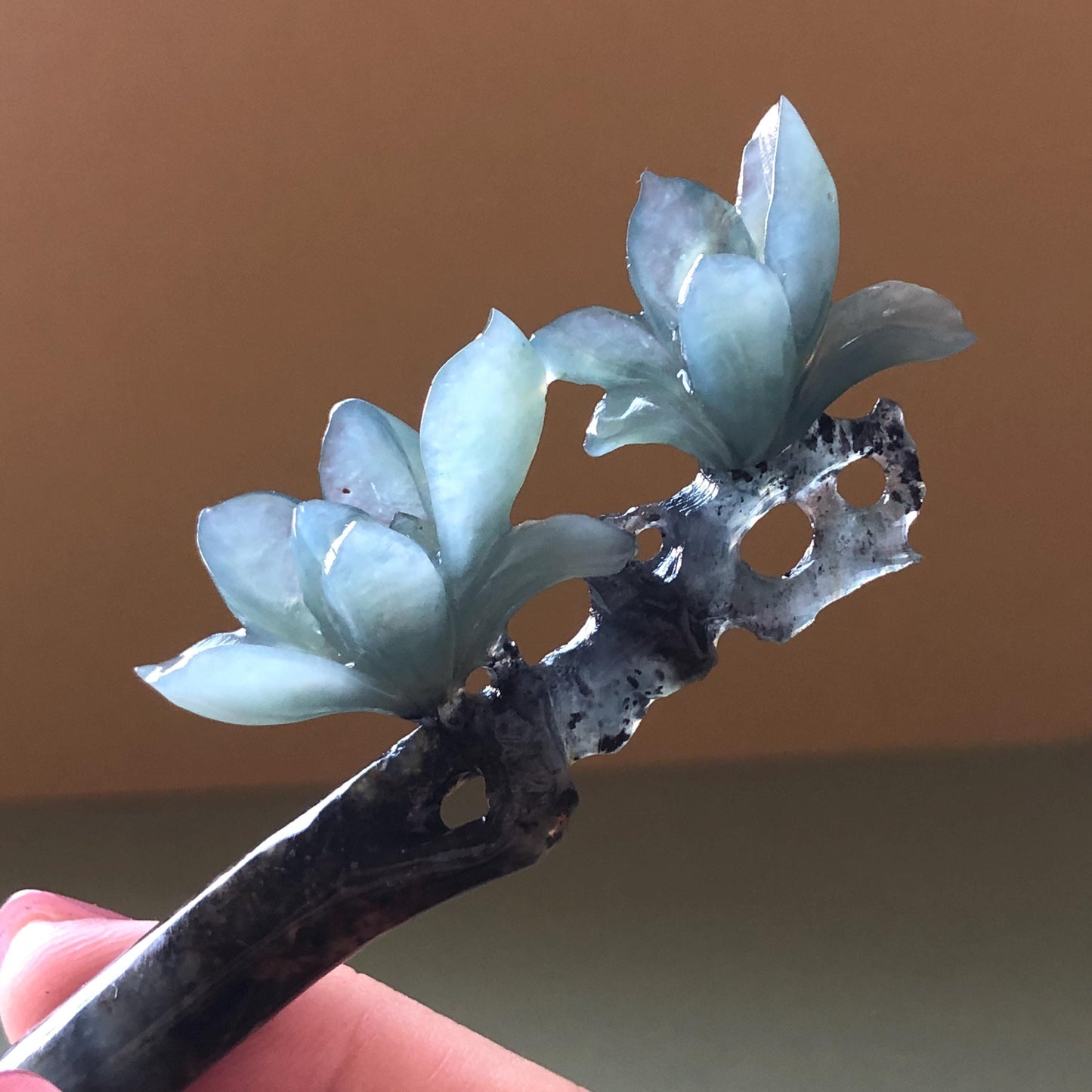 Xiu Jade Serpentine Hand Carved Yulan Magnolia Flower Hair Pin: Natural Certified Black & Blue Jade Handcrafted Flower Hair Stick | Asian Chinese Vintage Style Gift, Korean hair pin, Japanese Hair Stick, Chinese Hair Comb, Flower Jade Carving, engraved jade hairpin, blue jade black jade muti colour jade bi colour jade certified natural jade gift for her mother day gift, bridal hairpin, wedding hair stick Yulan carving Magnolia carving hanfu hair stick bridal shower gift wedding headpiece