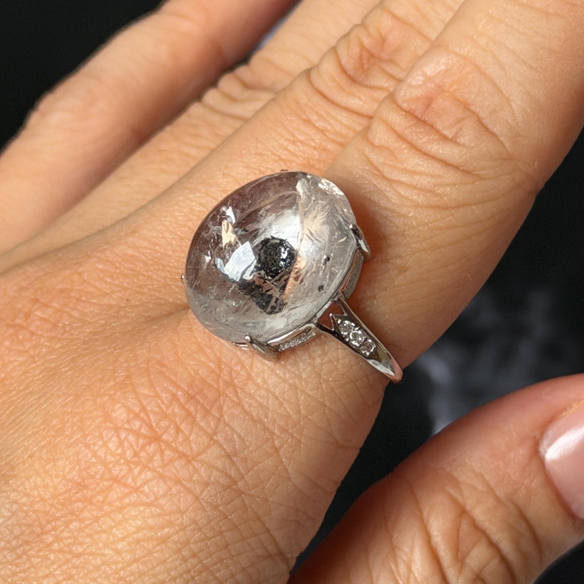 Polished Enhydro Quartz (Herkimer Diamond) S925 Silver Adjustable Ring: Moving Black Mica Sand and Bubble Inclusion in Triangle Chamber | Crystal Statement Ring for Women ring crystal band ring crystal cocktail ring crystal stackable ring 7 chakra crystal ring meditation crystal healing stone birthstone silver ring ring for men rainbow quartz inclusion quartz inclusion crystal minerals specimen silver ring free size ring adjustable ring holder rain quartz