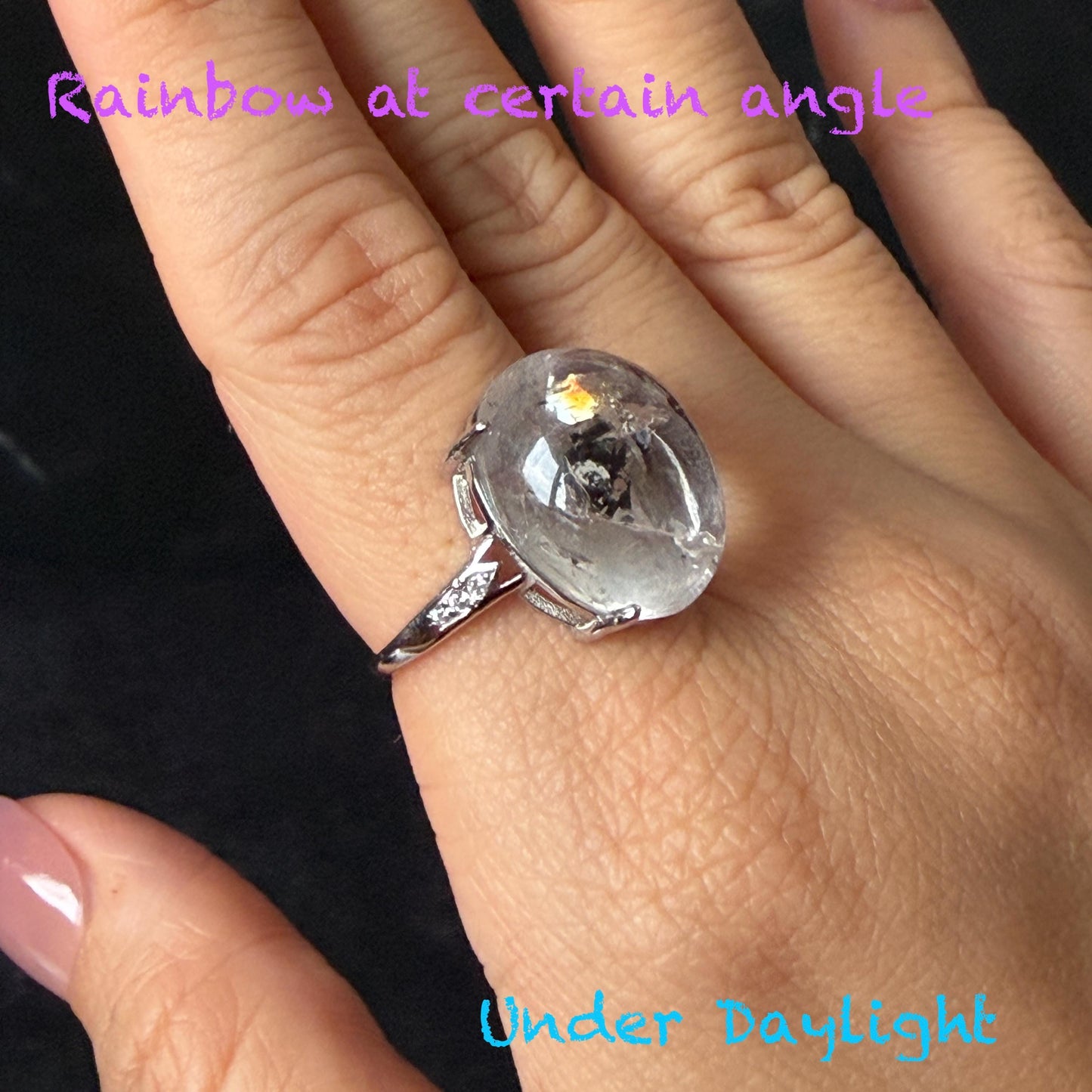 Polished Enhydro Quartz (Herkimer Diamond) S925 Silver Adjustable Ring: Moving Black Mica Sand and Bubble Inclusion in Triangle Chamber | Crystal Statement Ring for Women ring crystal band ring crystal cocktail ring crystal stackable ring 7 chakra crystal ring meditation crystal healing stone birthstone silver ring ring for men rainbow quartz inclusion quartz inclusion crystal minerals specimen silver ring free size ring adjustable ring holder rain quartz