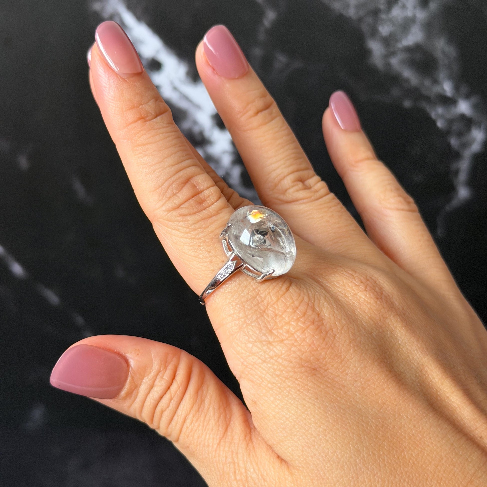 Polished Enhydro Quartz (Herkimer Diamond) S925 Silver Adjustable Ring: Moving Black Mica Sand and Bubble Inclusion in Triangle Chamber | Crystal Statement Ring for Women ring crystal band ring crystal cocktail ring crystal stackable ring 7 chakra crystal ring meditation crystal healing stone birthstone silver ring ring for men rainbow quartz inclusion quartz inclusion crystal minerals specimen silver ring free size ring adjustable ring holder rain quartz