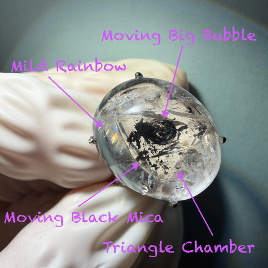 Polished Enhydro Quartz (Herkimer Diamond) S925 Silver Adjustable Ring: Moving Black Mica Sand and Bubble Inclusion in Triangle Chamber | Crystal Statement Ring for Women ring crystal band ring crystal cocktail ring crystal stackable ring 7 chakra crystal ring meditation crystal healing stone birthstone silver ring ring for men rainbow quartz inclusion quartz inclusion crystal minerals specimen silver ring free size ring adjustable ring holder rain quartz