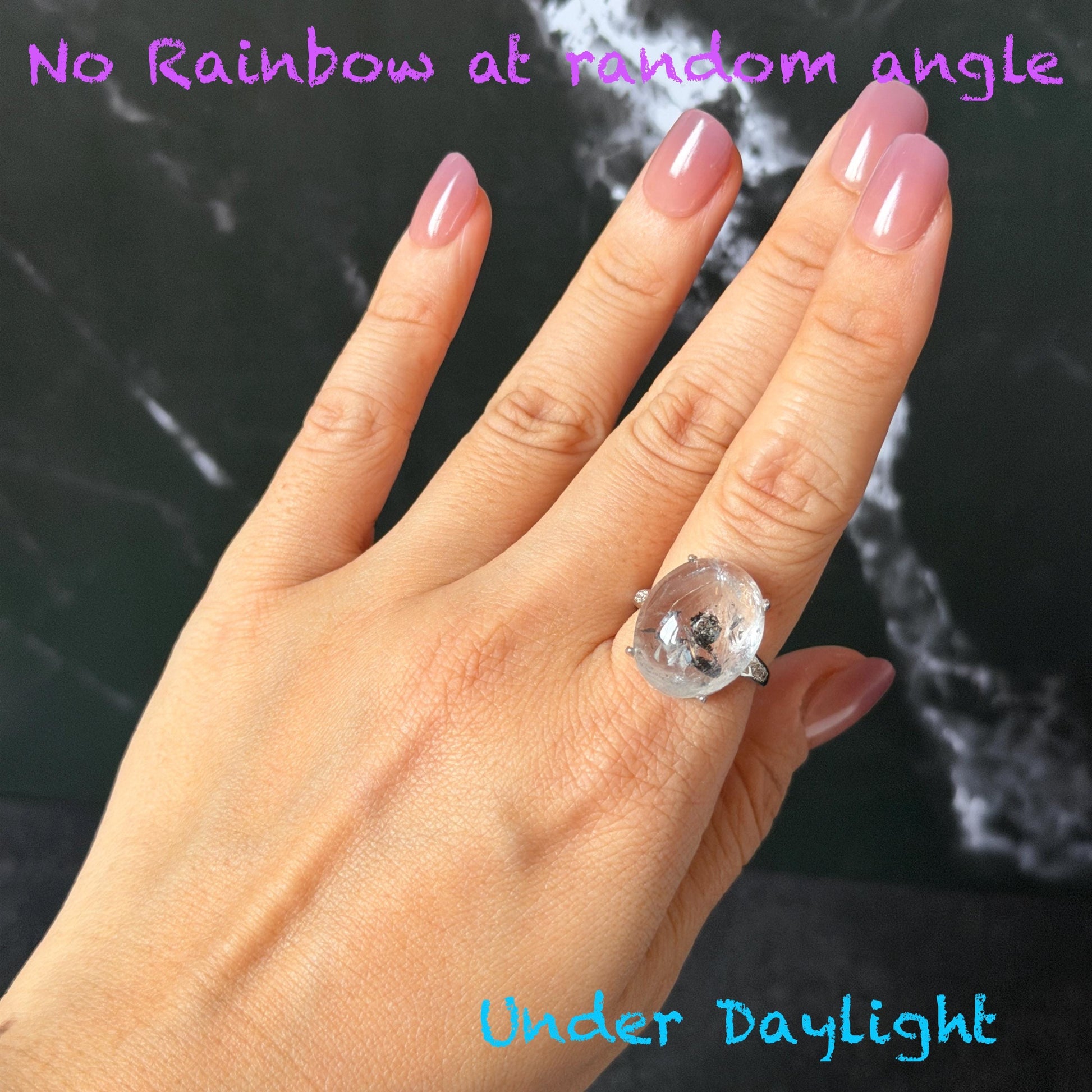 Polished Enhydro Quartz (Herkimer Diamond) S925 Silver Adjustable Ring: Moving Black Mica Sand and Bubble Inclusion in Triangle Chamber | Crystal Statement Ring for Women ring crystal band ring crystal cocktail ring crystal stackable ring 7 chakra crystal ring meditation crystal healing stone birthstone silver ring ring for men rainbow quartz inclusion quartz inclusion crystal minerals specimen silver ring free size ring adjustable ring holder rain quartz