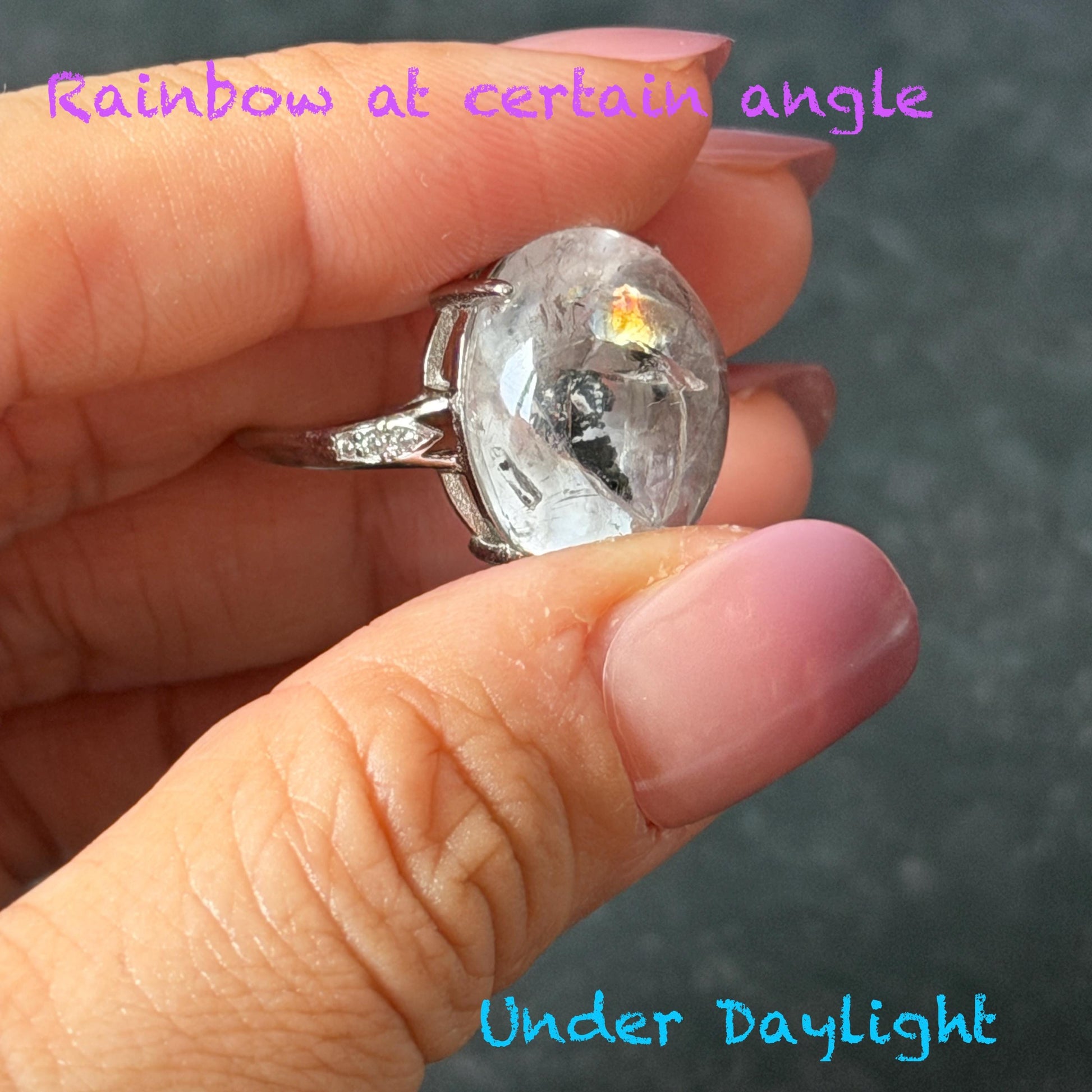 Polished Enhydro Quartz (Herkimer Diamond) S925 Silver Adjustable Ring: Moving Black Mica Sand and Bubble Inclusion in Triangle Chamber | Crystal Statement Ring for Women ring crystal band ring crystal cocktail ring crystal stackable ring 7 chakra crystal ring meditation crystal healing stone birthstone silver ring ring for men rainbow quartz inclusion quartz inclusion crystal minerals specimen silver ring free size ring adjustable ring holder rain quartz