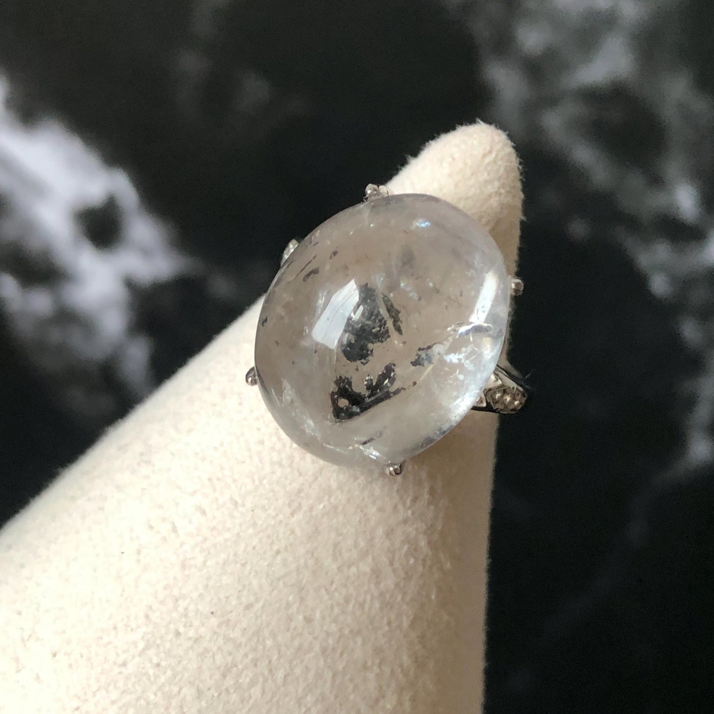 Polished Enhydro Quartz (Herkimer Diamond) S925 Silver Adjustable Ring: Moving Black Mica Sand and Bubble Inclusion in Triangle Chamber | Crystal Statement Ring for Women ring crystal band ring crystal cocktail ring crystal stackable ring 7 chakra crystal ring meditation crystal healing stone birthstone silver ring ring for men rainbow quartz inclusion quartz inclusion crystal minerals specimen silver ring free size ring adjustable ring holder rain quartz