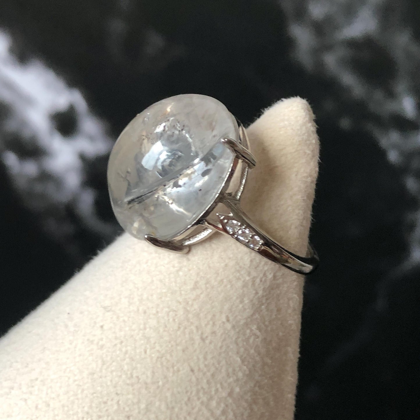 Polished Enhydro Quartz (Herkimer Diamond) S925 Silver Adjustable Ring: Moving Black Mica Sand and Bubble Inclusion in Triangle Chamber | Crystal Statement Ring for Women ring crystal band ring crystal cocktail ring crystal stackable ring 7 chakra crystal ring meditation crystal healing stone birthstone silver ring ring for men rainbow quartz inclusion quartz inclusion crystal minerals specimen silver ring free size ring adjustable ring holder rain quartz