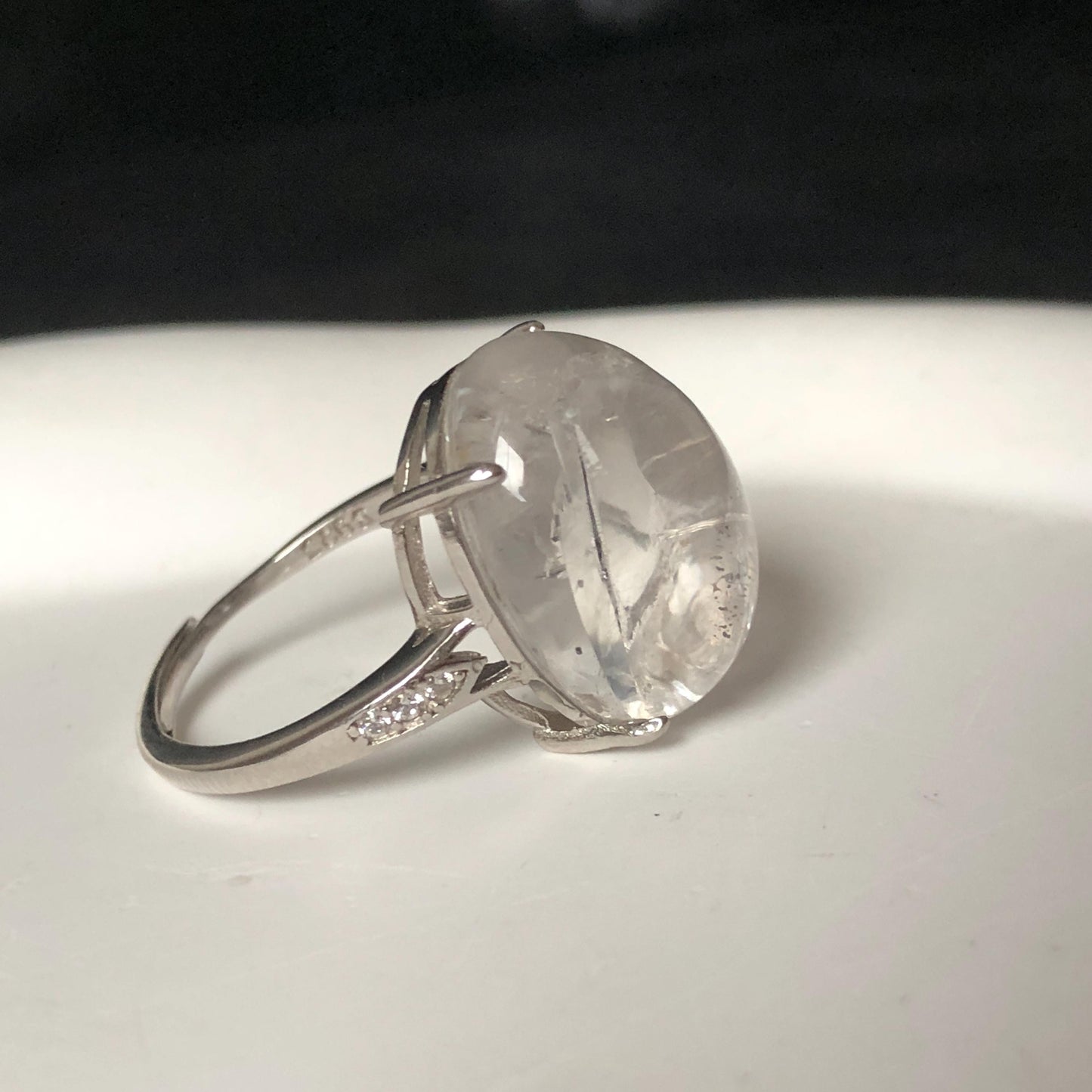 Polished Enhydro Quartz (Herkimer Diamond) S925 Silver Adjustable Ring: Moving Black Mica Sand and Bubble Inclusion in Triangle Chamber | Crystal Statement Ring for Women ring crystal band ring crystal cocktail ring crystal stackable ring 7 chakra crystal ring meditation crystal healing stone birthstone silver ring ring for men rainbow quartz inclusion quartz inclusion crystal minerals specimen silver ring free size ring adjustable ring holder rain quartz