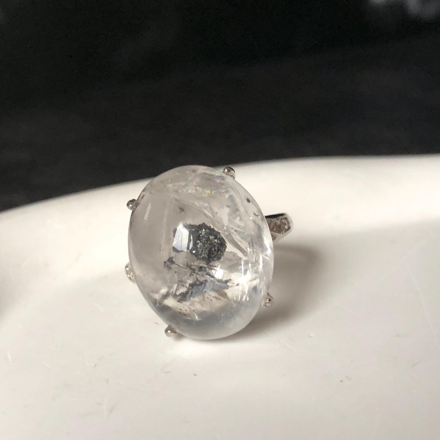 Polished Enhydro Quartz (Herkimer Diamond) S925 Silver Adjustable Ring: Moving Black Mica Sand and Bubble Inclusion in Triangle Chamber | Crystal Statement Ring for Women ring crystal band ring crystal cocktail ring crystal stackable ring 7 chakra crystal ring meditation crystal healing stone birthstone silver ring ring for men rainbow quartz inclusion quartz inclusion crystal minerals specimen silver ring free size ring adjustable ring holder rain quartz