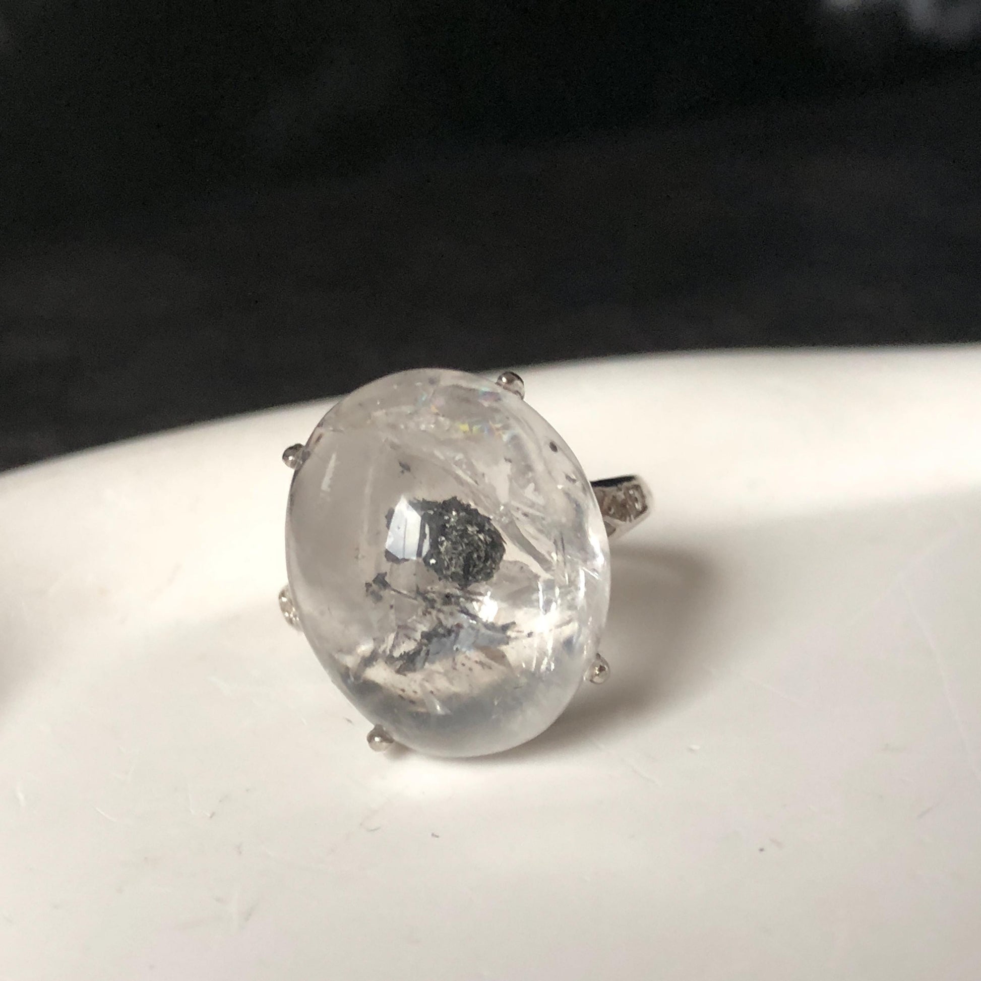 Polished Enhydro Quartz (Herkimer Diamond) S925 Silver Adjustable Ring: Moving Black Mica Sand and Bubble Inclusion in Triangle Chamber | Crystal Statement Ring for Women ring crystal band ring crystal cocktail ring crystal stackable ring 7 chakra crystal ring meditation crystal healing stone birthstone silver ring ring for men rainbow quartz inclusion quartz inclusion crystal minerals specimen silver ring free size ring adjustable ring holder rain quartz