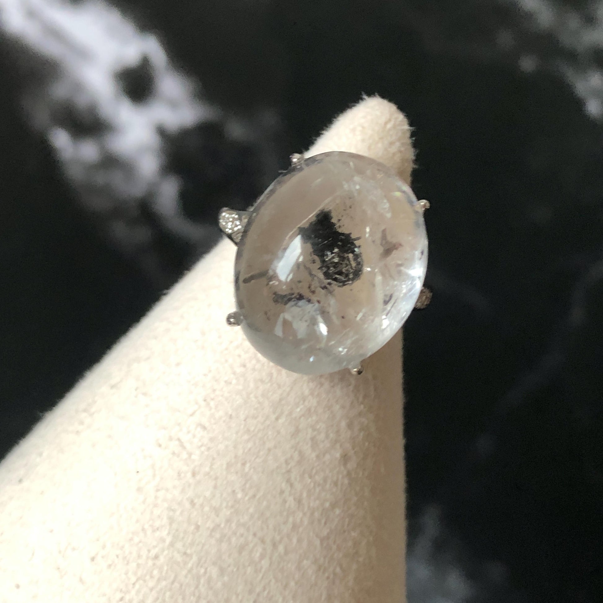 Polished Enhydro Quartz (Herkimer Diamond) S925 Silver Adjustable Ring: Moving Black Mica Sand and Bubble Inclusion in Triangle Chamber | Crystal Statement Ring for Women ring crystal band ring crystal cocktail ring crystal stackable ring 7 chakra crystal ring meditation crystal healing stone birthstone silver ring ring for men rainbow quartz inclusion quartz inclusion crystal minerals specimen silver ring free size ring adjustable ring holder rain quartz