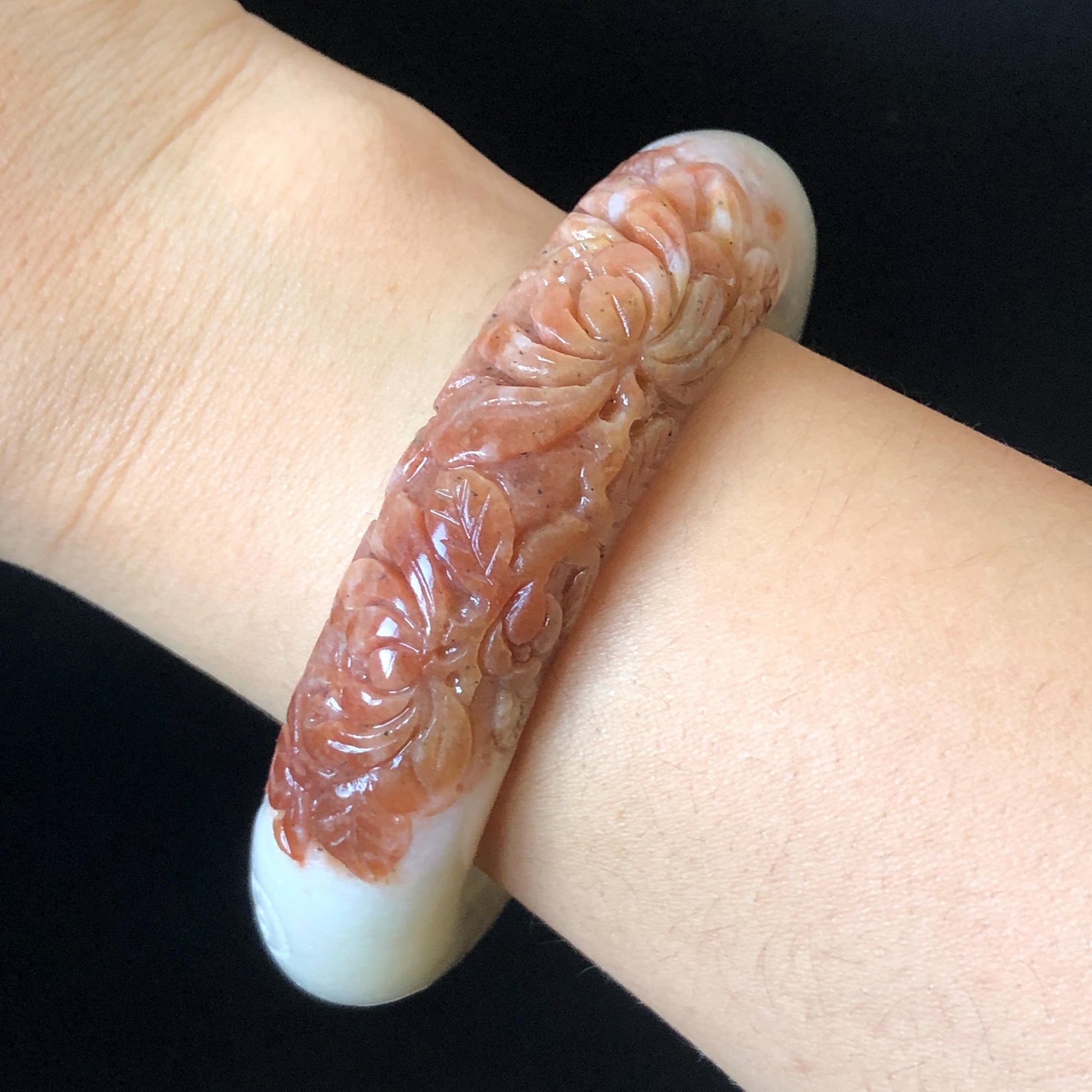 56.4mm Xiu Jade Serpentine Hand Carved Peony Flowers Bangle: Natural Red White Jade Handcrafted Bracelet, Stone Carving Gemstone Jewelry Gift for her wide jade bangle jade carving hand engraved stone carving natural untreated jade bracelet red jade white jade handcraft jade peony carving flower carving chinese jade vintage bangle antique bracelet bi colour jade