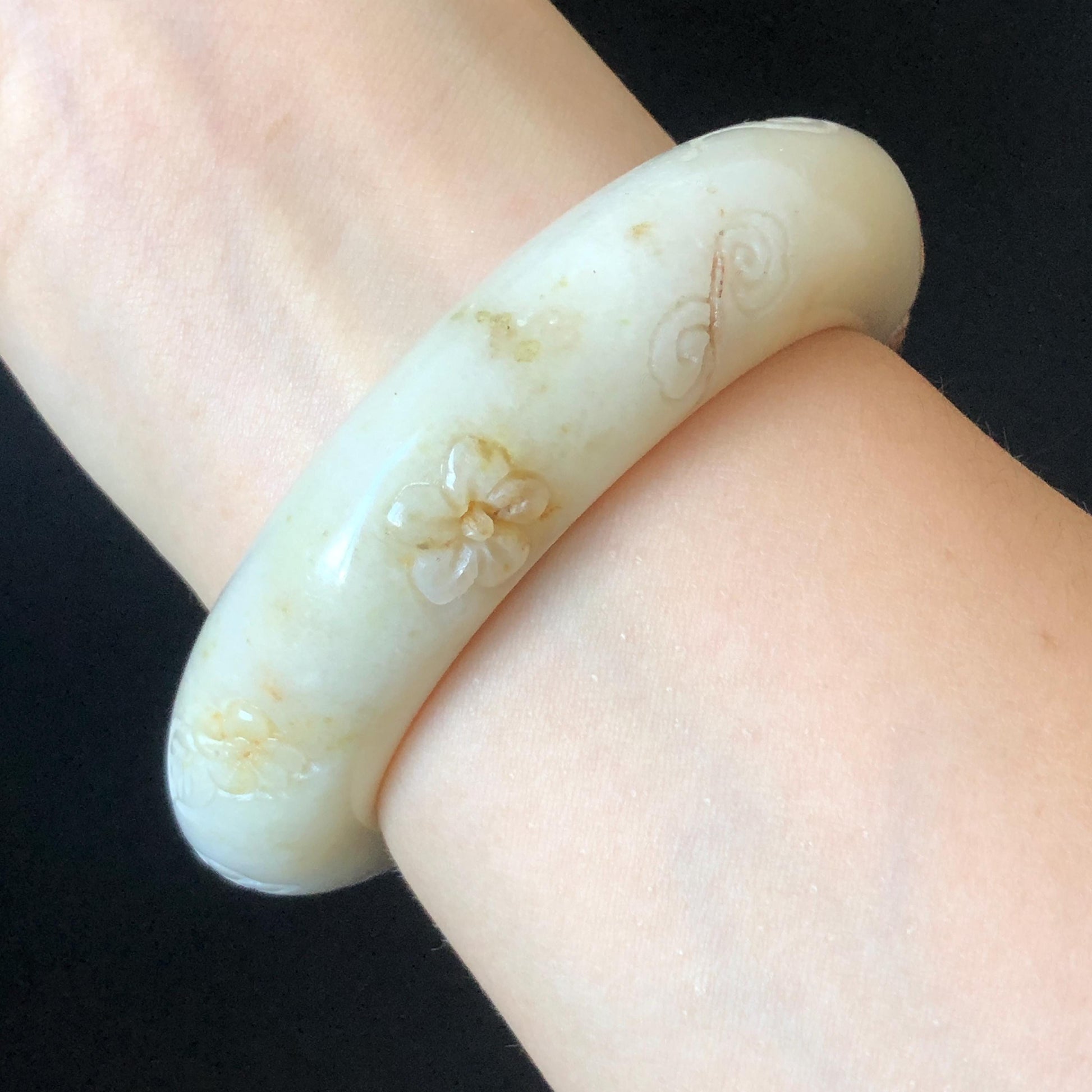 56.4mm Xiu Jade Serpentine Hand Carved Peony Flowers Bangle: Natural Red White Jade Handcrafted Bracelet, Stone Carving Gemstone Jewelry Gift for her wide jade bangle jade carving hand engraved stone carving natural untreated jade bracelet red jade white jade handcraft jade peony carving flower carving chinese jade vintage bangle antique bracelet bi colour jade
