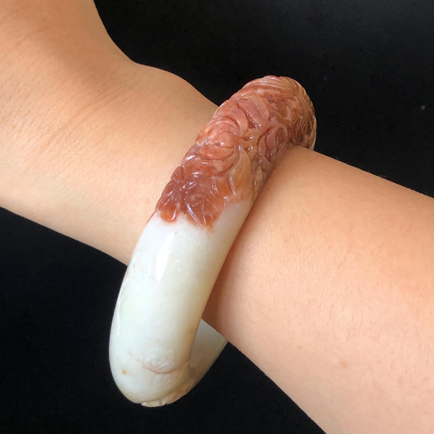 56.4mm Xiu Jade Serpentine Hand Carved Peony Flowers Bangle: Natural Red White Jade Handcrafted Bracelet, Stone Carving Gemstone Jewelry Gift for her wide jade bangle jade carving hand engraved stone carving natural untreated jade bracelet red jade white jade handcraft jade peony carving flower carving chinese jade vintage bangle antique bracelet bi colour jade