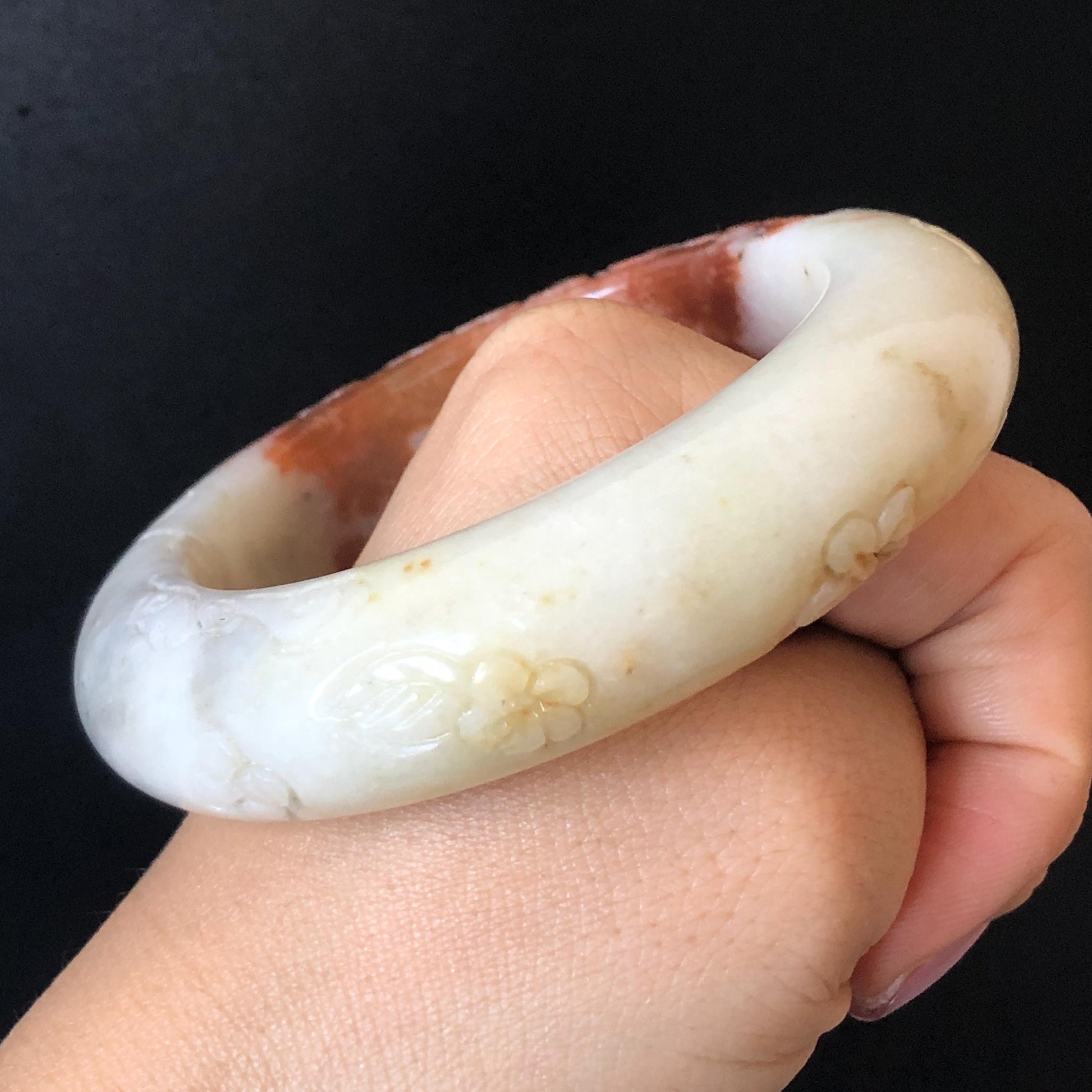 56.4mm Xiu Jade Serpentine Hand Carved Peony Flowers Bangle: Natural Red White Jade Handcrafted Bracelet, Stone Carving Gemstone Jewelry Gift for her wide jade bangle jade carving hand engraved stone carving natural untreated jade bracelet red jade white jade handcraft jade peony carving flower carving chinese jade vintage bangle antique bracelet bi colour jade