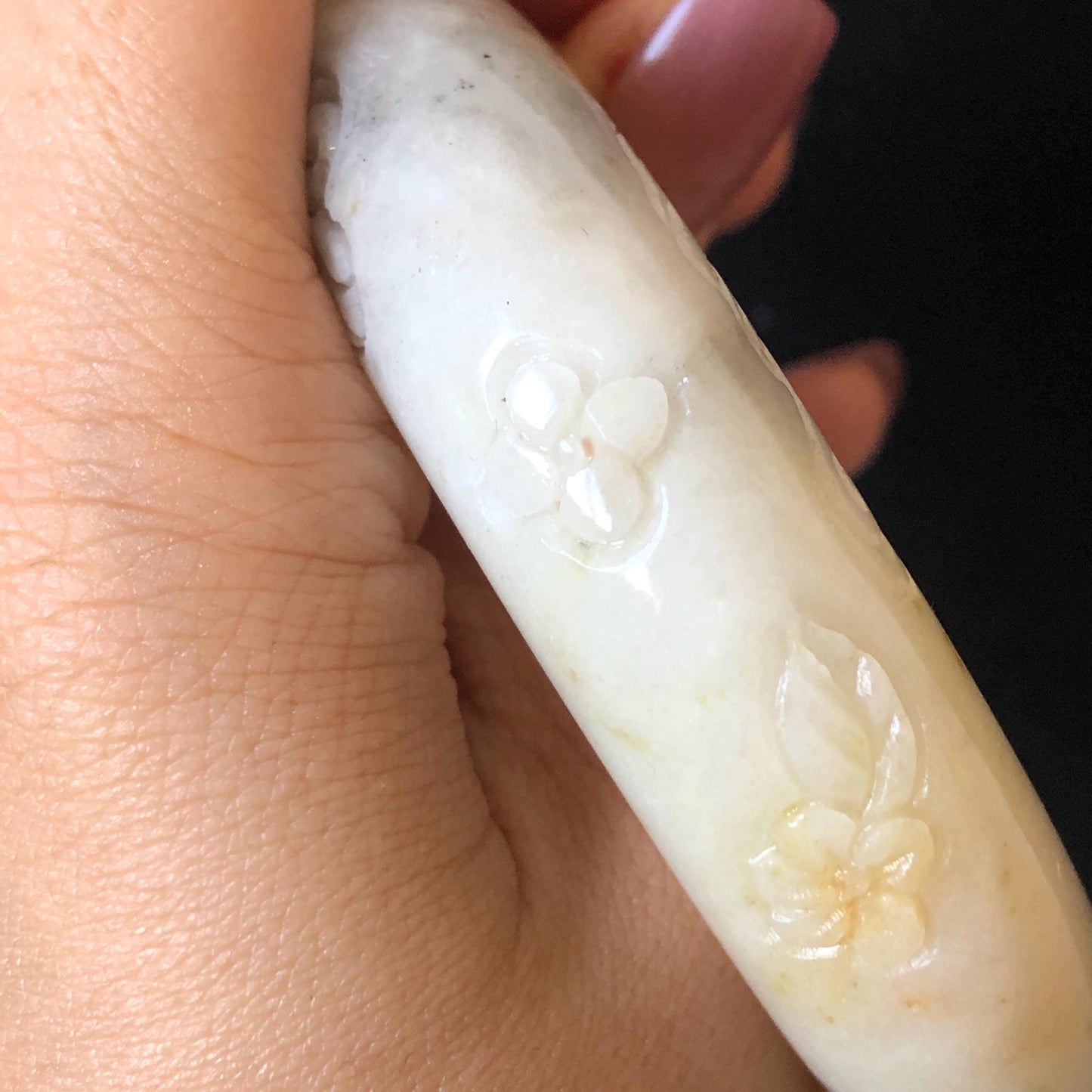 56.4mm Xiu Jade Serpentine Hand Carved Peony Flowers Bangle: Natural Red White Jade Handcrafted Bracelet, Stone Carving Gemstone Jewelry Gift for her wide jade bangle jade carving hand engraved stone carving natural untreated jade bracelet red jade white jade handcraft jade peony carving flower carving chinese jade vintage bangle antique bracelet bi colour jade