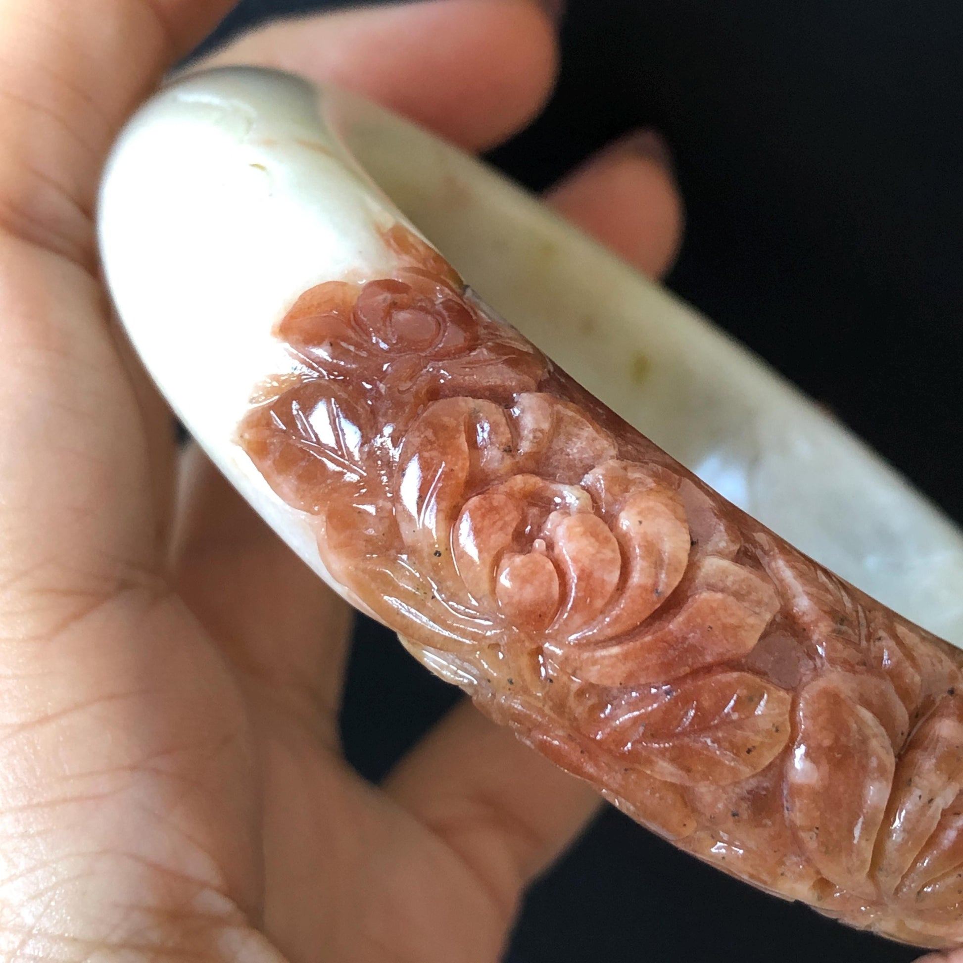 56.4mm Xiu Jade Serpentine Hand Carved Peony Flowers Bangle: Natural Red White Jade Handcrafted Bracelet, Stone Carving Gemstone Jewelry Gift for her wide jade bangle jade carving hand engraved stone carving natural untreated jade bracelet red jade white jade handcraft jade peony carving flower carving chinese jade vintage bangle antique bracelet bi colour jade