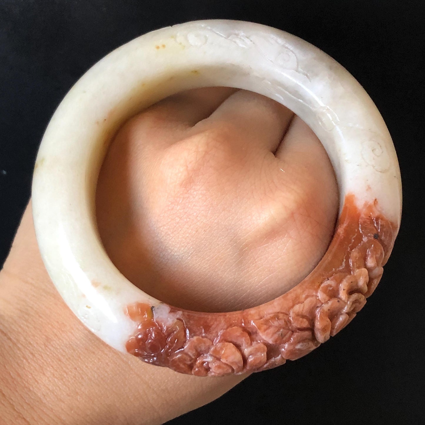 56.4mm Xiu Jade Serpentine Hand Carved Peony Flowers Bangle: Natural Red White Jade Handcrafted Bracelet, Stone Carving Gemstone Jewelry Gift for her wide jade bangle jade carving hand engraved stone carving natural untreated jade bracelet red jade white jade handcraft jade peony carving flower carving chinese jade vintage bangle antique bracelet bi colour jade
