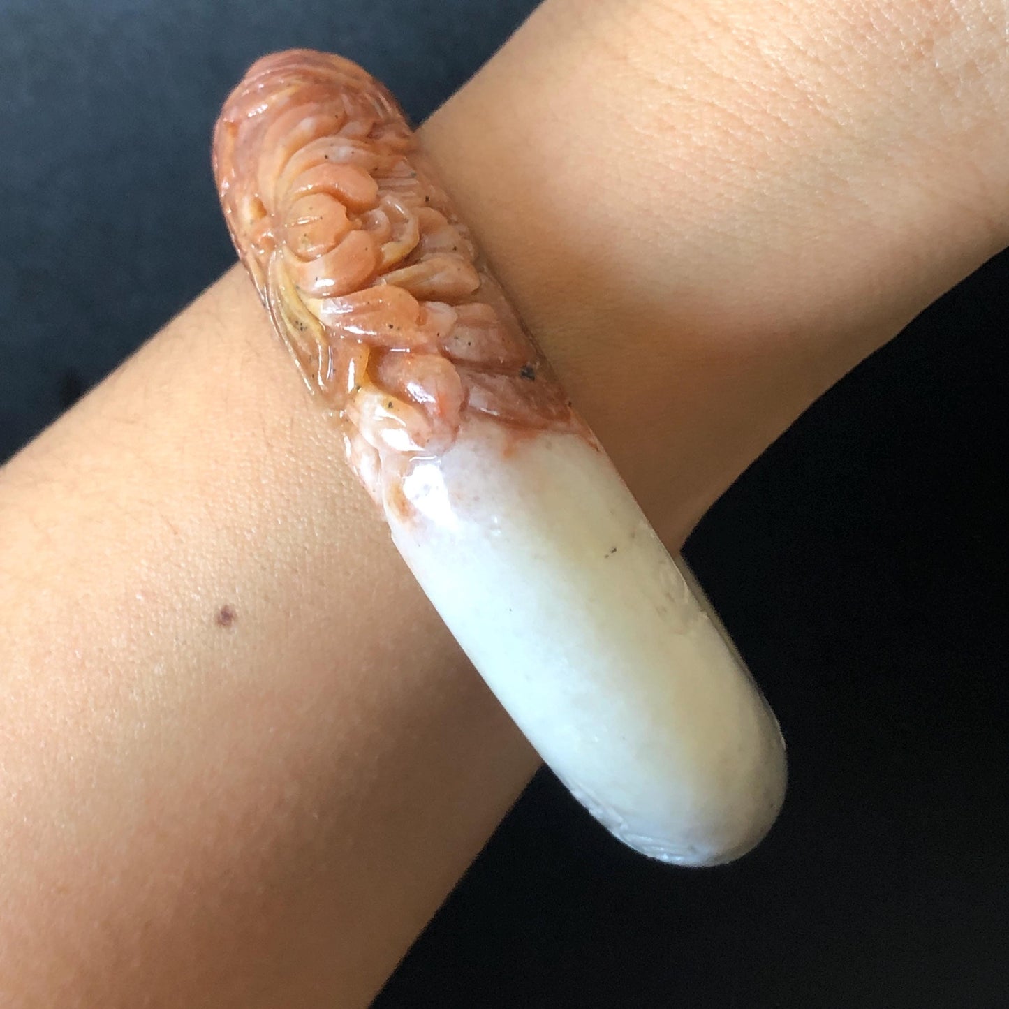 56.4mm Xiu Jade Serpentine Hand Carved Peony Flowers Bangle: Natural Red White Jade Handcrafted Bracelet, Stone Carving Gemstone Jewelry Gift for her wide jade bangle jade carving hand engraved stone carving natural untreated jade bracelet red jade white jade handcraft jade peony carving flower carving chinese jade vintage bangle antique bracelet bi colour jade