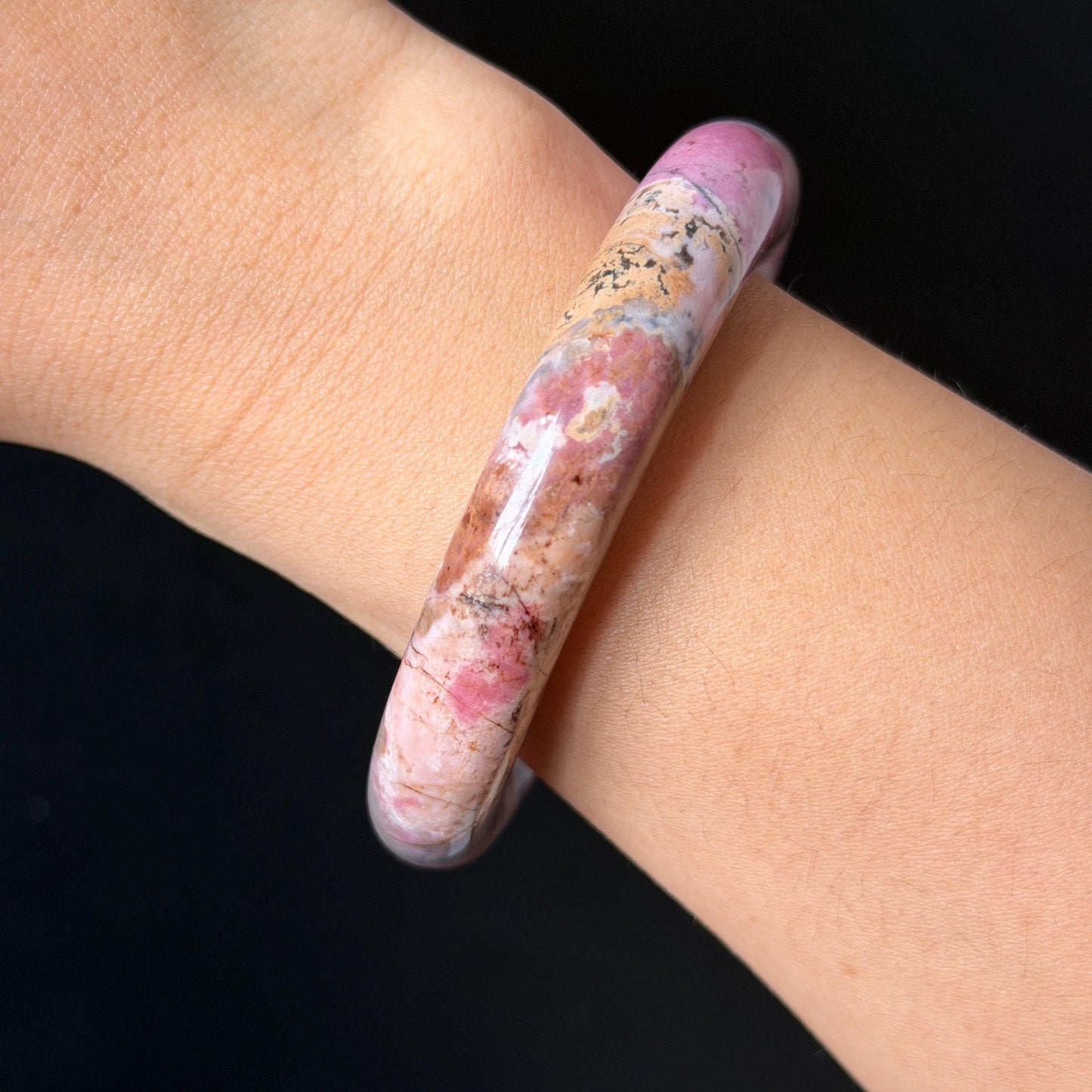 58.3mm Natural Rhodonite Stone Bangle: Pink, Blue, Brown & White Stone Healing Crystal Heart Chakra Crystal Gemstone Bangle Gift | Healing Stone, blue stone bangle, love stone bangle, real rock bangle, passion stone bangle, bangle for women, rhodonite vinatge bracelet antique bangle