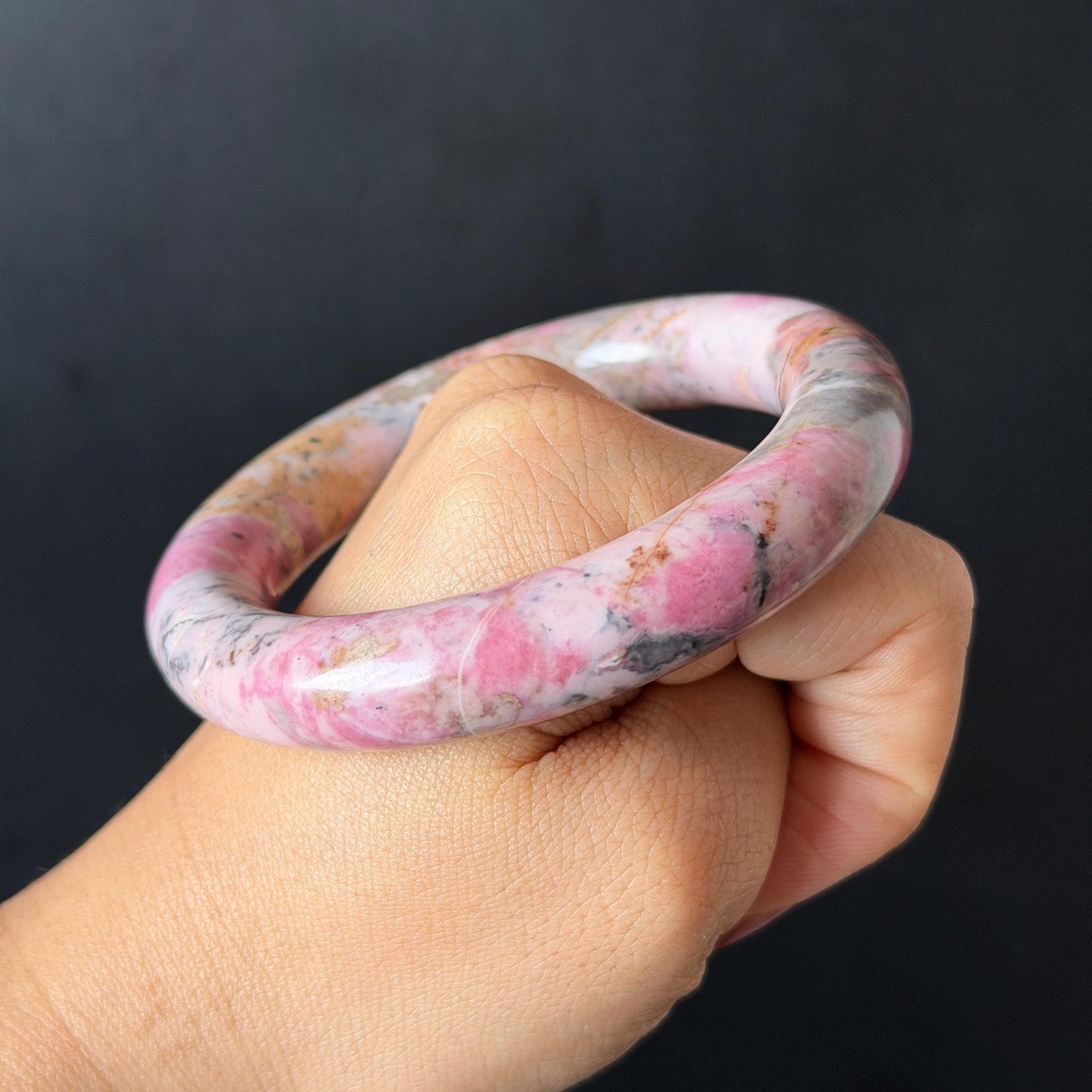 58.3mm Natural Rhodonite Stone Bangle: Pink, Blue, Brown & White Stone Healing Crystal Heart Chakra Crystal Gemstone Bangle Gift | Healing Stone, blue stone bangle, love stone bangle, real rock bangle, passion stone bangle, bangle for women, rhodonite vinatge bracelet antique bangle