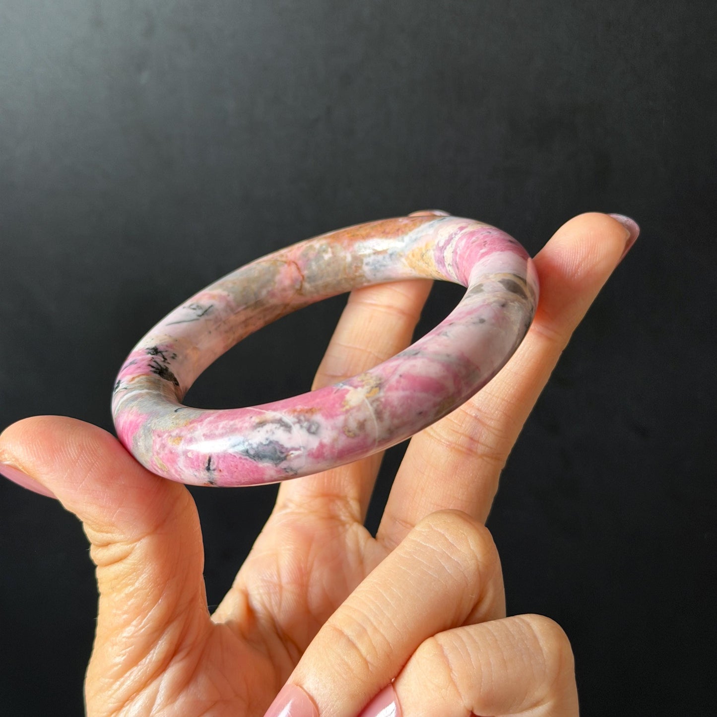 58.3mm Natural Rhodonite Stone Bangle: Pink, Blue, Brown & White Stone Healing Crystal Heart Chakra Crystal Gemstone Bangle Gift | Healing Stone, blue stone bangle, love stone bangle, real rock bangle, passion stone bangle, bangle for women, rhodonite vinatge bracelet antique bangle