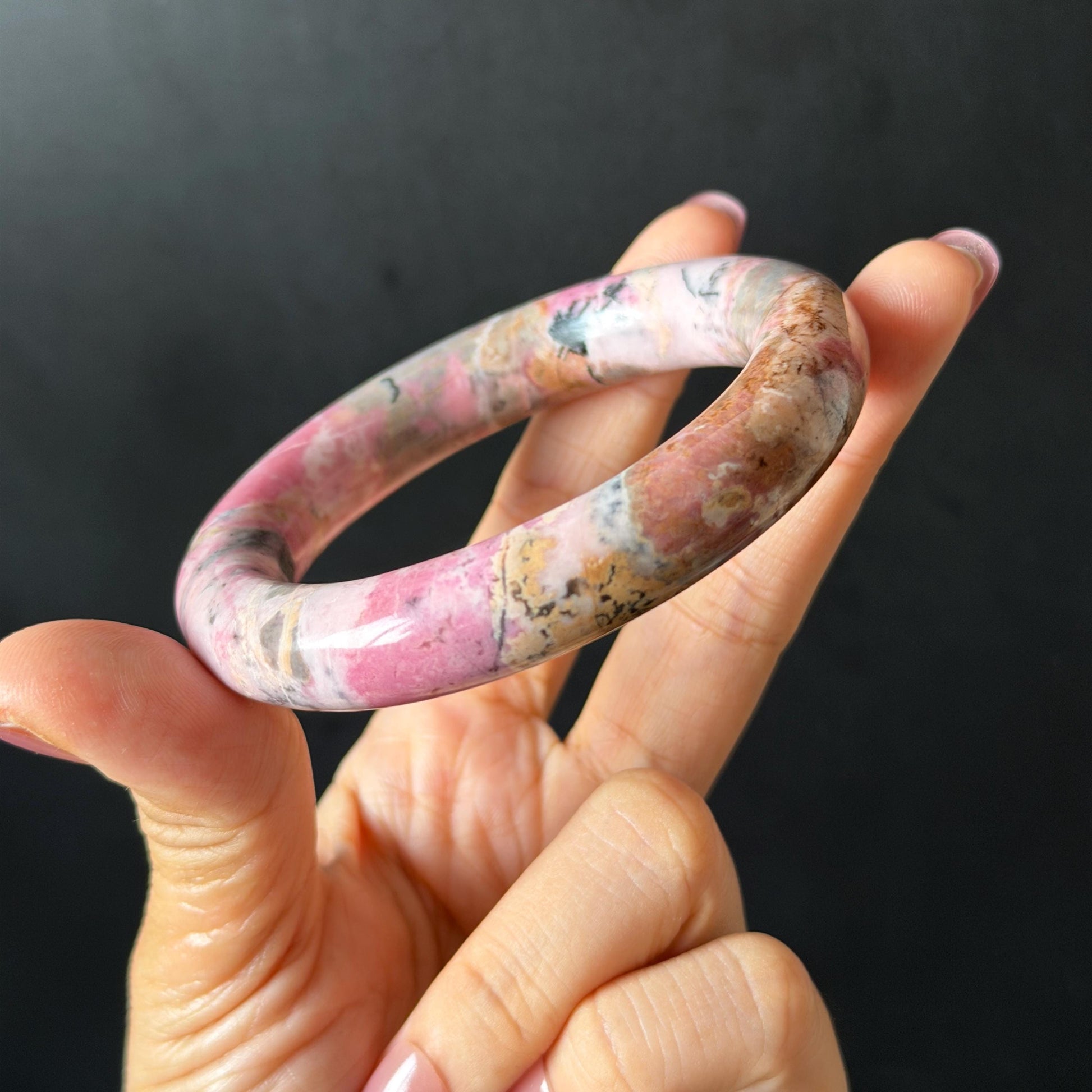 58.3mm Natural Rhodonite Stone Bangle: Pink, Blue, Brown & White Stone Healing Crystal Heart Chakra Crystal Gemstone Bangle Gift | Healing Stone, blue stone bangle, love stone bangle, real rock bangle, passion stone bangle, bangle for women, rhodonite vinatge bracelet antique bangle