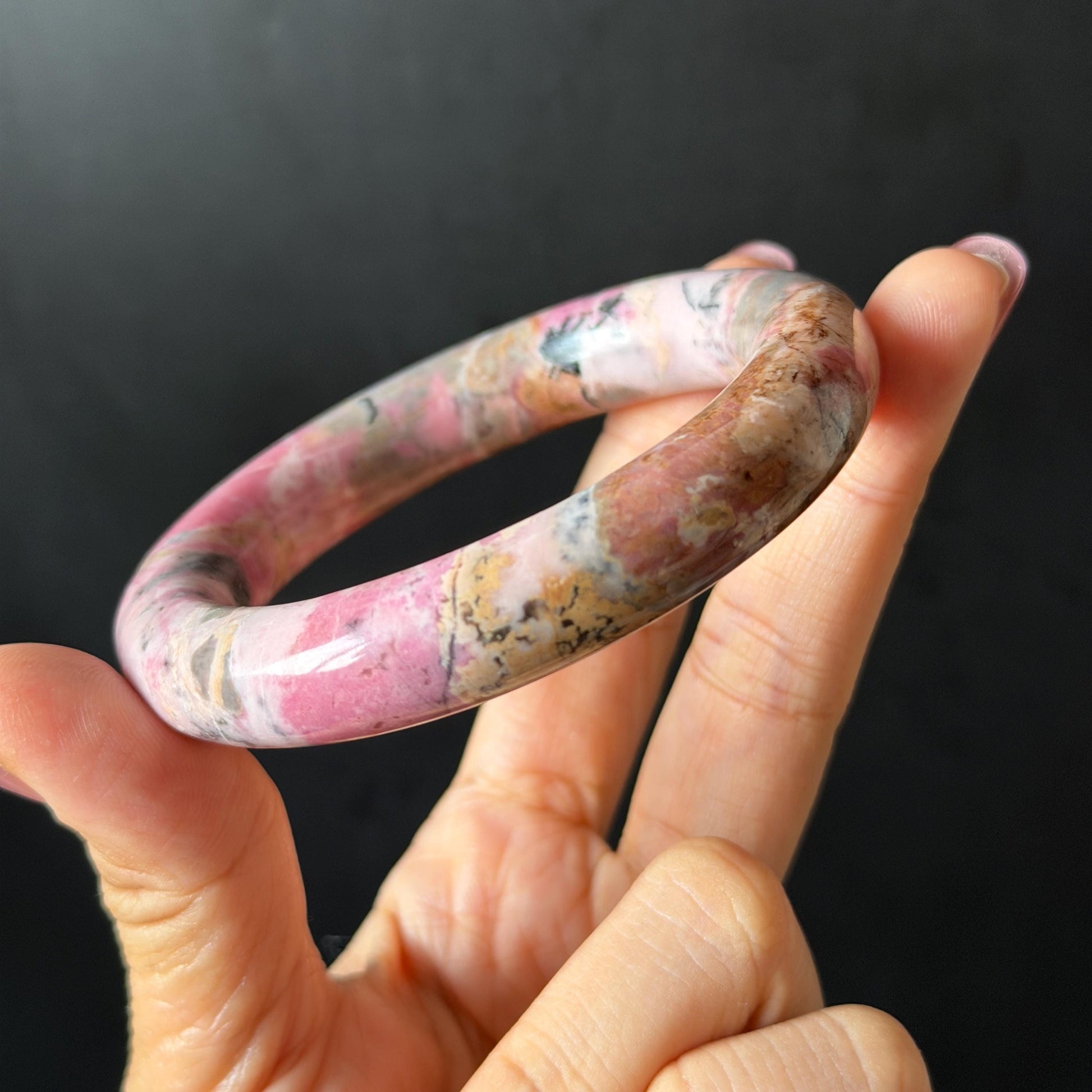 58.3mm Natural Rhodonite Stone Bangle: Pink, Blue, Brown & White Stone Healing Crystal Heart Chakra Crystal Gemstone Bangle Gift | Healing Stone, blue stone bangle, love stone bangle, real rock bangle, passion stone bangle, bangle for women, rhodonite vinatge bracelet antique bangle