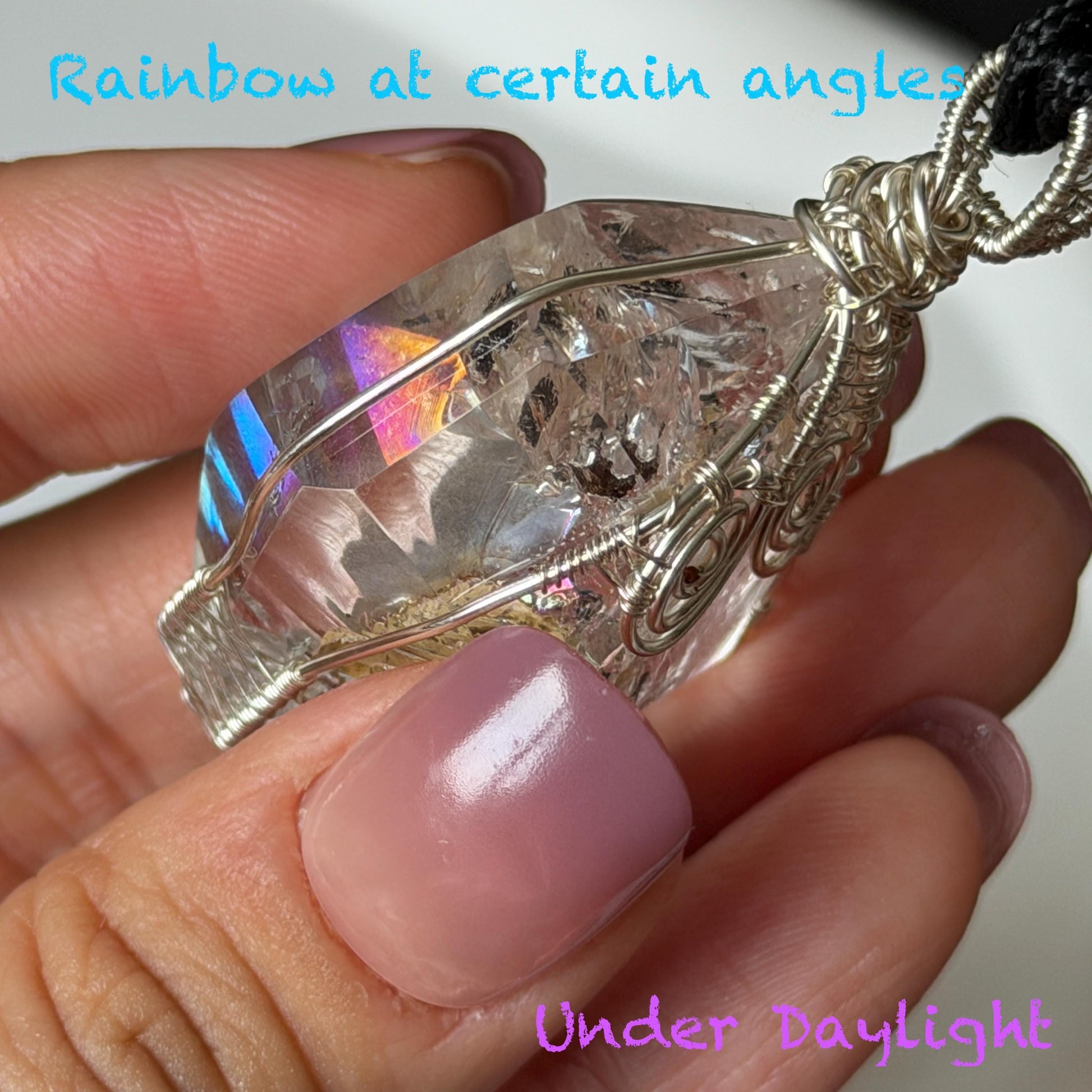Rare Polished Enhydro Quartz (Herkimer Diamond) Wire Wrapped Pendant Adjustable Necklace: Big Rainbows! Moving Sand & Black Bubble with Yellow Clay Inclusion Crystal | Natural Gemstone Birthstone Gift for her Rainbow Quartz Rainbow crystal enhydro quartz sand water-fall pendant necklace choker gemstone charm stone pendant choker polished stone pendant crystal charm birthstone gift for her men necklace chakra crystal purify stone minerals specimen adjustable choker silver wire wrapped pendant