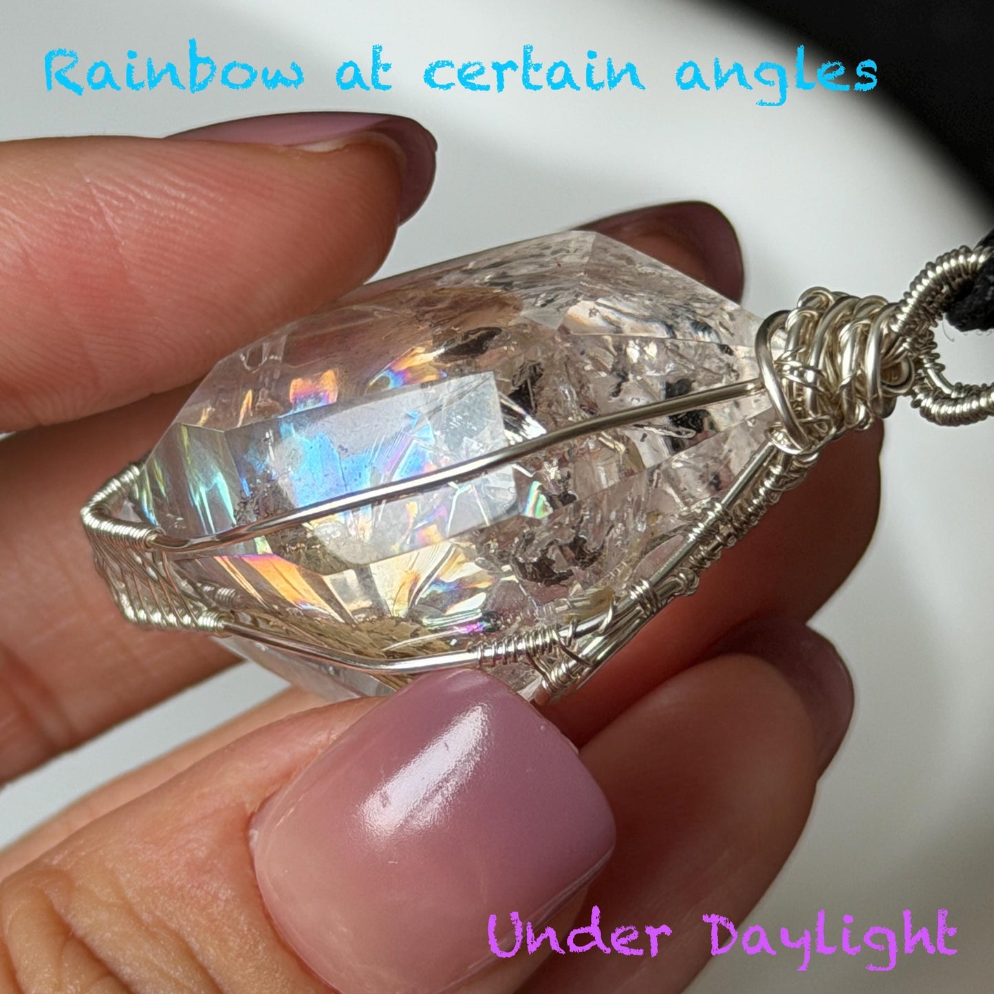 Rare Polished Enhydro Quartz (Herkimer Diamond) Wire Wrapped Pendant Adjustable Necklace: Big Rainbows! Moving Sand & Black Bubble with Yellow Clay Inclusion Crystal | Natural Gemstone Birthstone Gift for her Rainbow Quartz Rainbow crystal enhydro quartz sand water-fall pendant necklace choker gemstone charm stone pendant choker polished stone pendant crystal charm birthstone gift for her men necklace chakra crystal purify stone minerals specimen adjustable choker silver wire wrapped pendant