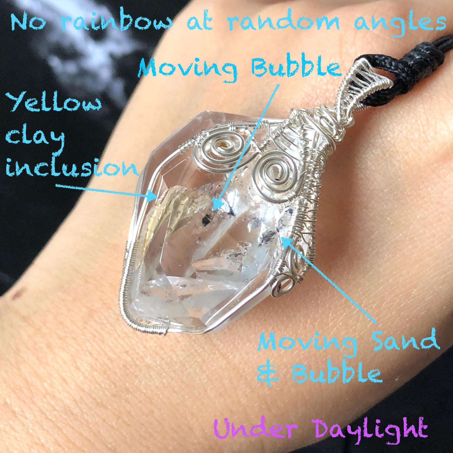 Rare Polished Enhydro Quartz (Herkimer Diamond) Wire Wrapped Pendant Adjustable Necklace: Big Rainbows! Moving Sand & Black Bubble with Yellow Clay Inclusion Crystal | Natural Gemstone Birthstone Gift for her Rainbow Quartz Rainbow crystal enhydro quartz sand water-fall pendant necklace choker gemstone charm stone pendant choker polished stone pendant crystal charm birthstone gift for her men necklace chakra crystal purify stone minerals specimen adjustable choker silver wire wrapped pendant
