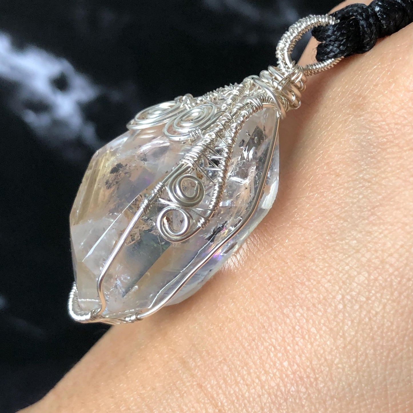 Rare Polished Enhydro Quartz (Herkimer Diamond) Wire Wrapped Pendant Adjustable Necklace: Big Rainbows! Moving Sand & Black Bubble with Yellow Clay Inclusion Crystal | Natural Gemstone Birthstone Gift for her Rainbow Quartz Rainbow crystal enhydro quartz sand water-fall pendant necklace choker gemstone charm stone pendant choker polished stone pendant crystal charm birthstone gift for her men necklace chakra crystal purify stone minerals specimen adjustable choker silver wire wrapped pendant