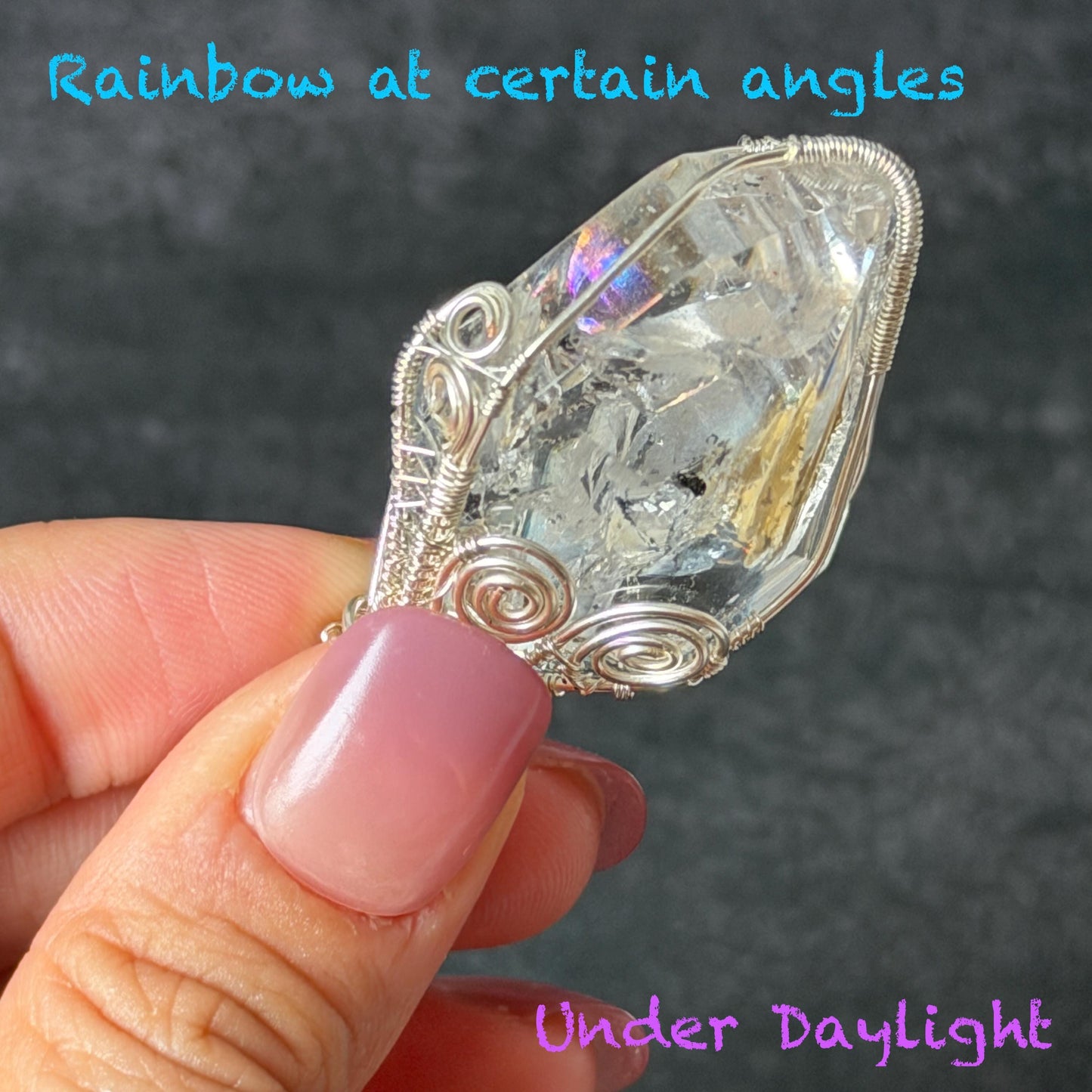 Rare Polished Enhydro Quartz (Herkimer Diamond) Wire Wrapped Pendant Adjustable Necklace: Big Rainbows! Moving Sand & Black Bubble with Yellow Clay Inclusion Crystal | Natural Gemstone Birthstone Gift for her Rainbow Quartz Rainbow crystal enhydro quartz sand water-fall pendant necklace choker gemstone charm stone pendant choker polished stone pendant crystal charm birthstone gift for her men necklace chakra crystal purify stone minerals specimen adjustable choker silver wire wrapped pendant