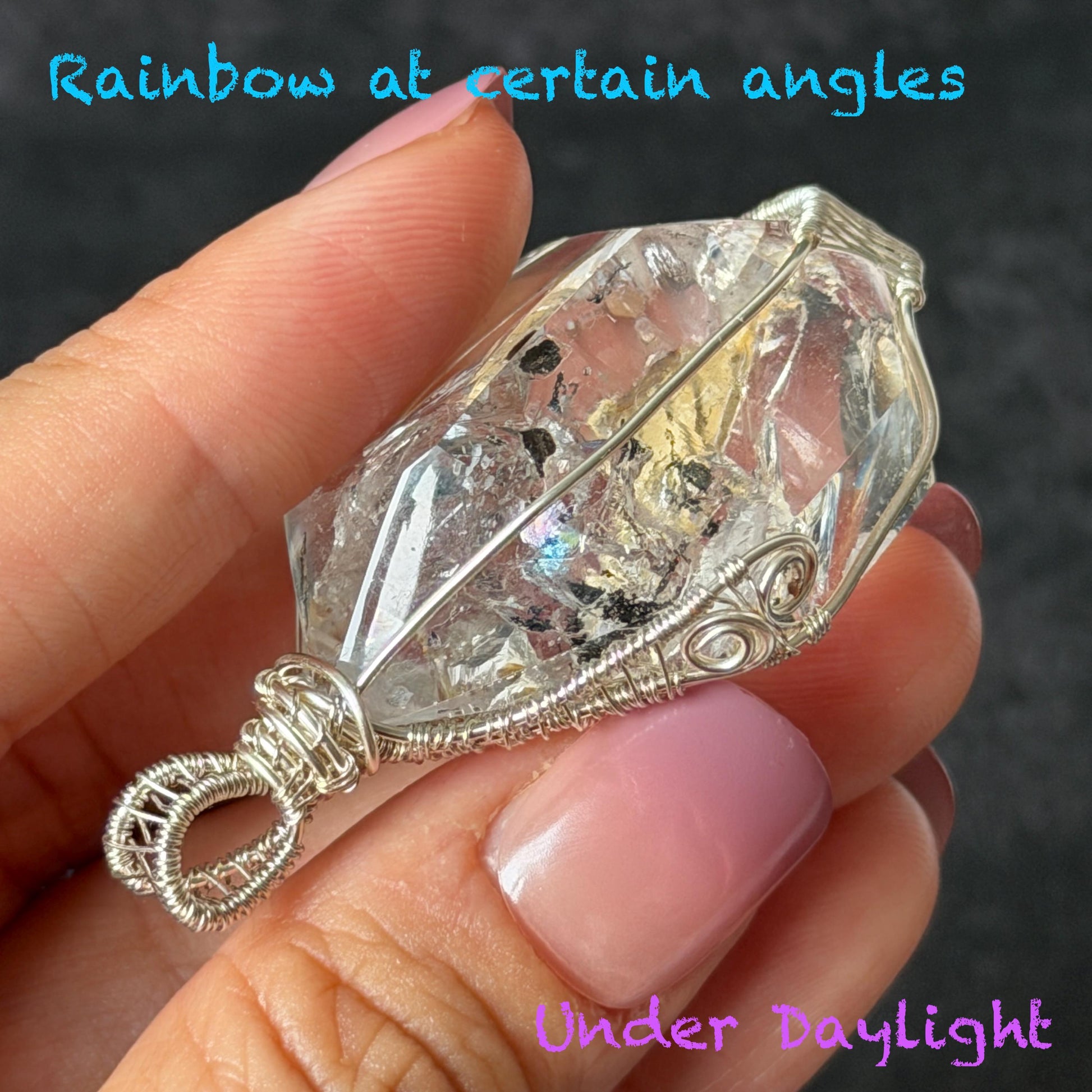 Rare Polished Enhydro Quartz (Herkimer Diamond) Wire Wrapped Pendant Adjustable Necklace: Big Rainbows! Moving Sand & Black Bubble with Yellow Clay Inclusion Crystal | Natural Gemstone Birthstone Gift for her Rainbow Quartz Rainbow crystal enhydro quartz sand water-fall pendant necklace choker gemstone charm stone pendant choker polished stone pendant crystal charm birthstone gift for her men necklace chakra crystal purify stone minerals specimen adjustable choker silver wire wrapped pendant