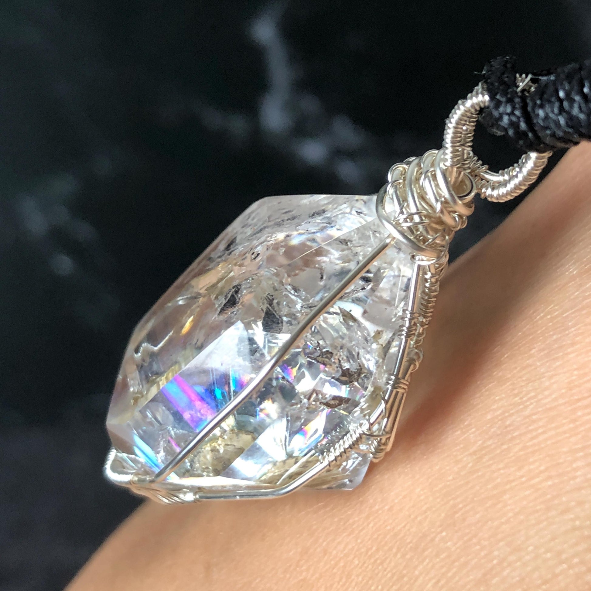 Rare Polished Enhydro Quartz (Herkimer Diamond) Wire Wrapped Pendant Adjustable Necklace: Big Rainbows! Moving Sand & Black Bubble with Yellow Clay Inclusion Crystal | Natural Gemstone Birthstone Gift for her Rainbow Quartz Rainbow crystal enhydro quartz sand water-fall pendant necklace choker gemstone charm stone pendant choker polished stone pendant crystal charm birthstone gift for her men necklace chakra crystal purify stone minerals specimen adjustable choker silver wire wrapped pendant