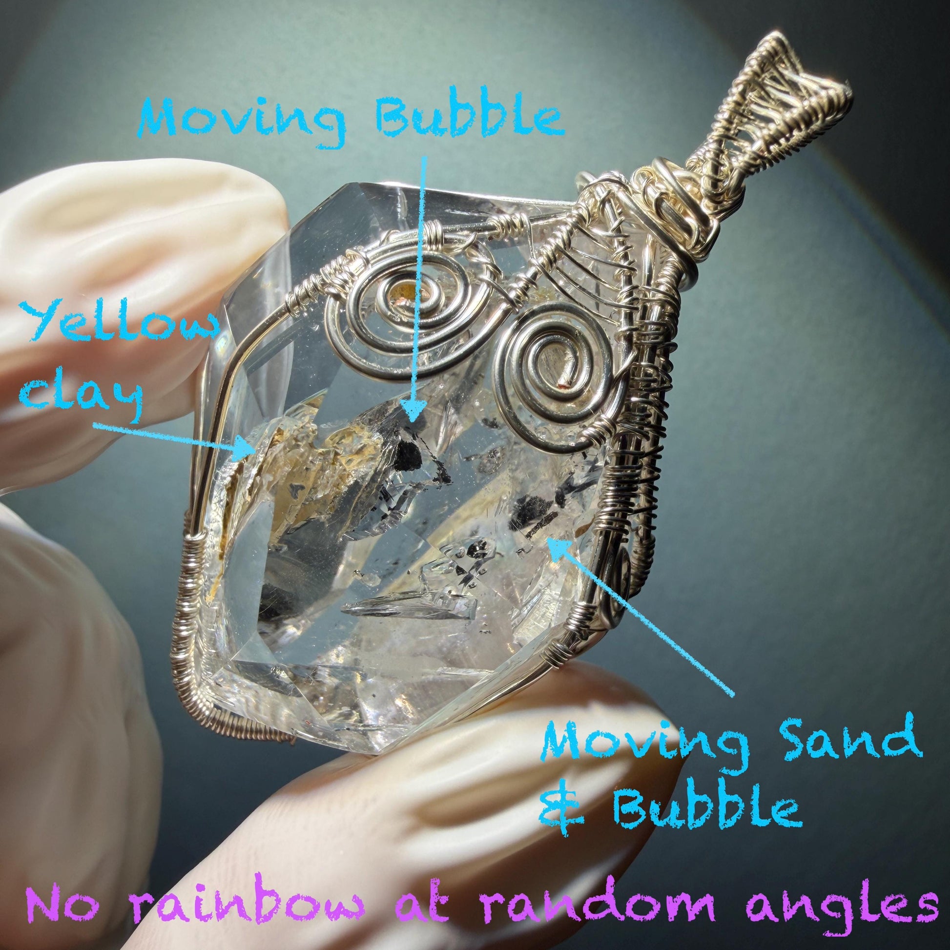Rare Polished Enhydro Quartz (Herkimer Diamond) Wire Wrapped Pendant Adjustable Necklace: Big Rainbows! Moving Sand & Black Bubble with Yellow Clay Inclusion Crystal | Natural Gemstone Birthstone Gift for her Rainbow Quartz Rainbow crystal enhydro quartz sand water-fall pendant necklace choker gemstone charm stone pendant choker polished stone pendant crystal charm birthstone gift for her men necklace chakra crystal purify stone minerals specimen adjustable choker silver wire wrapped pendant