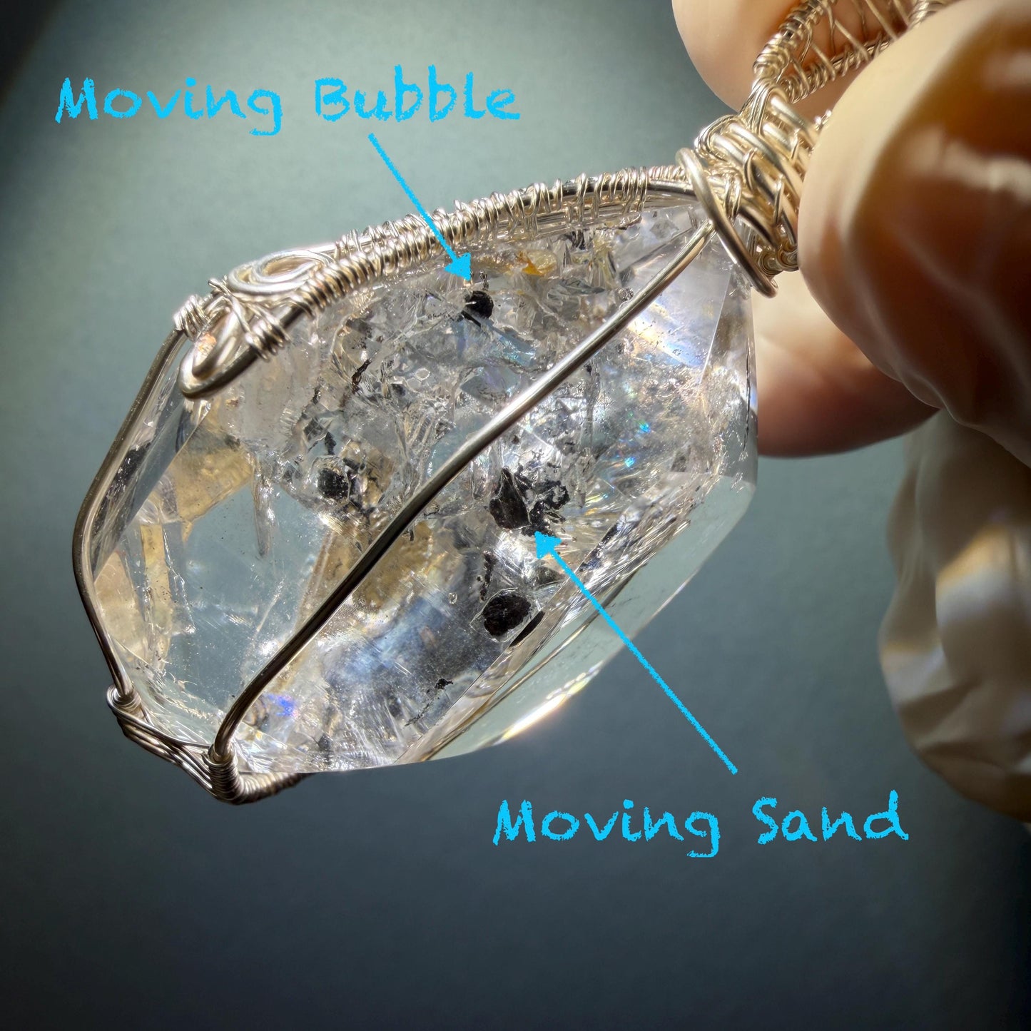 Rare Polished Enhydro Quartz (Herkimer Diamond) Wire Wrapped Pendant Adjustable Necklace: Big Rainbows! Moving Sand & Black Bubble with Yellow Clay Inclusion Crystal | Natural Gemstone Birthstone Gift for her Rainbow Quartz Rainbow crystal enhydro quartz sand water-fall pendant necklace choker gemstone charm stone pendant choker polished stone pendant crystal charm birthstone gift for her men necklace chakra crystal purify stone minerals specimen adjustable choker silver wire wrapped pendant