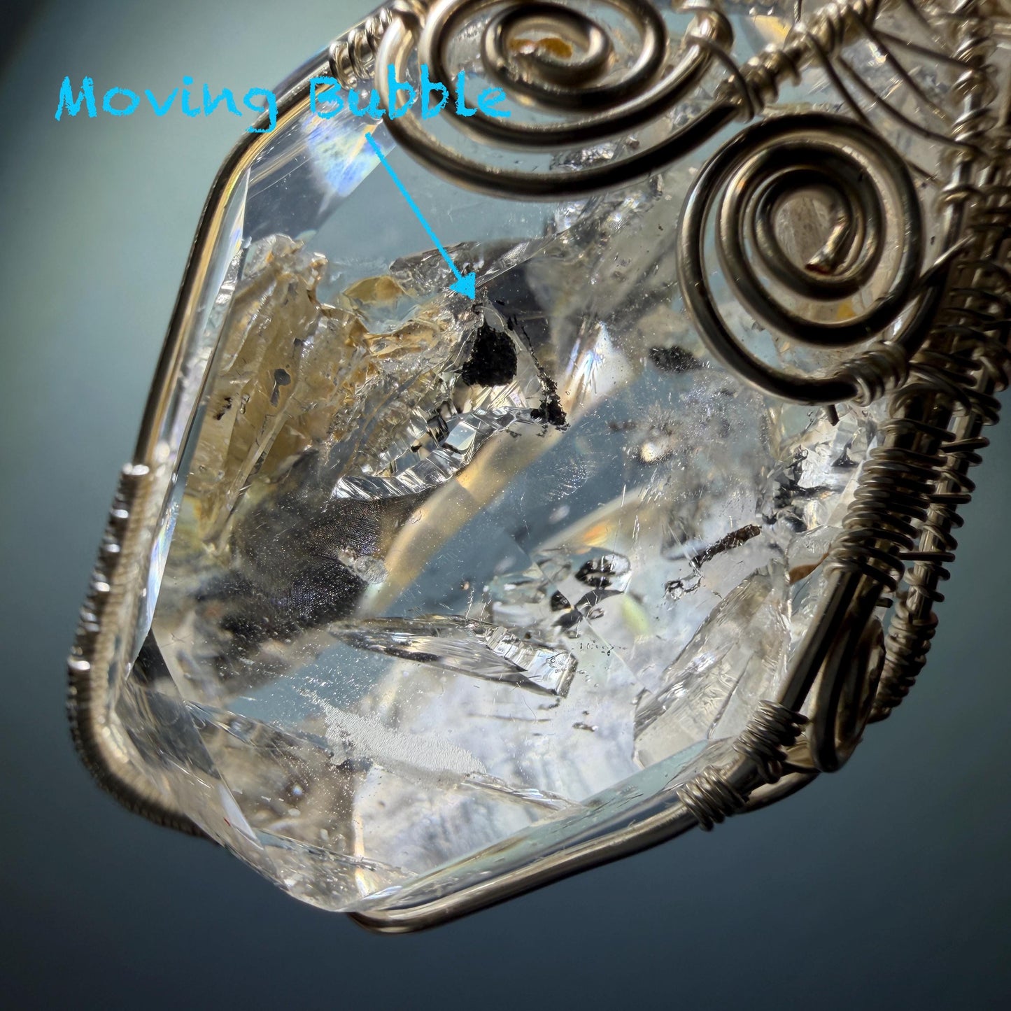 Rare Polished Enhydro Quartz (Herkimer Diamond) Wire Wrapped Pendant Adjustable Necklace: Big Rainbows! Moving Sand & Black Bubble with Yellow Clay Inclusion Crystal | Natural Gemstone Birthstone Gift for her Rainbow Quartz Rainbow crystal enhydro quartz sand water-fall pendant necklace choker gemstone charm stone pendant choker polished stone pendant crystal charm birthstone gift for her men necklace chakra crystal purify stone minerals specimen adjustable choker silver wire wrapped pendant