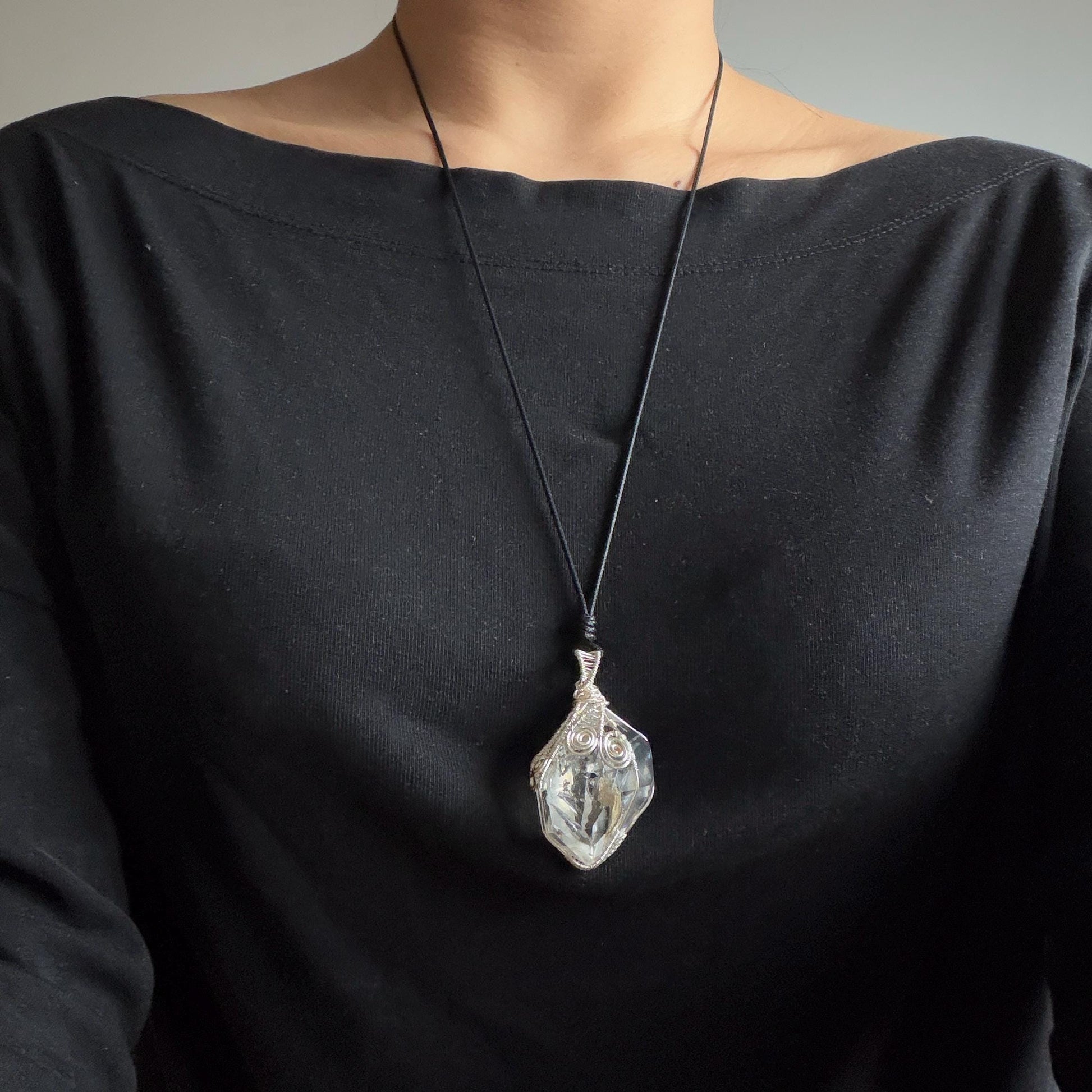 Rare Polished Enhydro Quartz (Herkimer Diamond) Wire Wrapped Pendant Adjustable Necklace: Big Rainbows! Moving Sand & Black Bubble with Yellow Clay Inclusion Crystal | Natural Gemstone Birthstone Gift for her Rainbow Quartz Rainbow crystal enhydro quartz sand water-fall pendant necklace choker gemstone charm stone pendant choker polished stone pendant crystal charm birthstone gift for her men necklace chakra crystal purify stone minerals specimen adjustable choker silver wire wrapped pendant