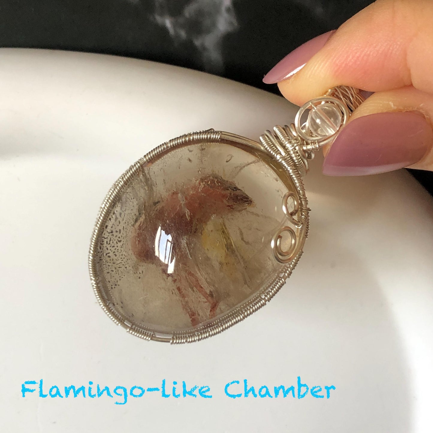 Super Rare! Polished Enhydro Quartz Wrapped Wire Pendant Adjustable Necklace: Moving Red Sand & Big Bubble with red stones Inclusion Crystal | High-Heel-Like / Flamingo-Like Chamber | Natural Gemstone Birthstone Gift for her enhydro quartz sand water-fall pendant necklace choker gemstone charm stone pendant choker polished stone pendant crystal charm birthstone men necklace chakra crystal minerals specimen silver wire wrapped pendant inclusion crystal inclusion crystal sediment stone
