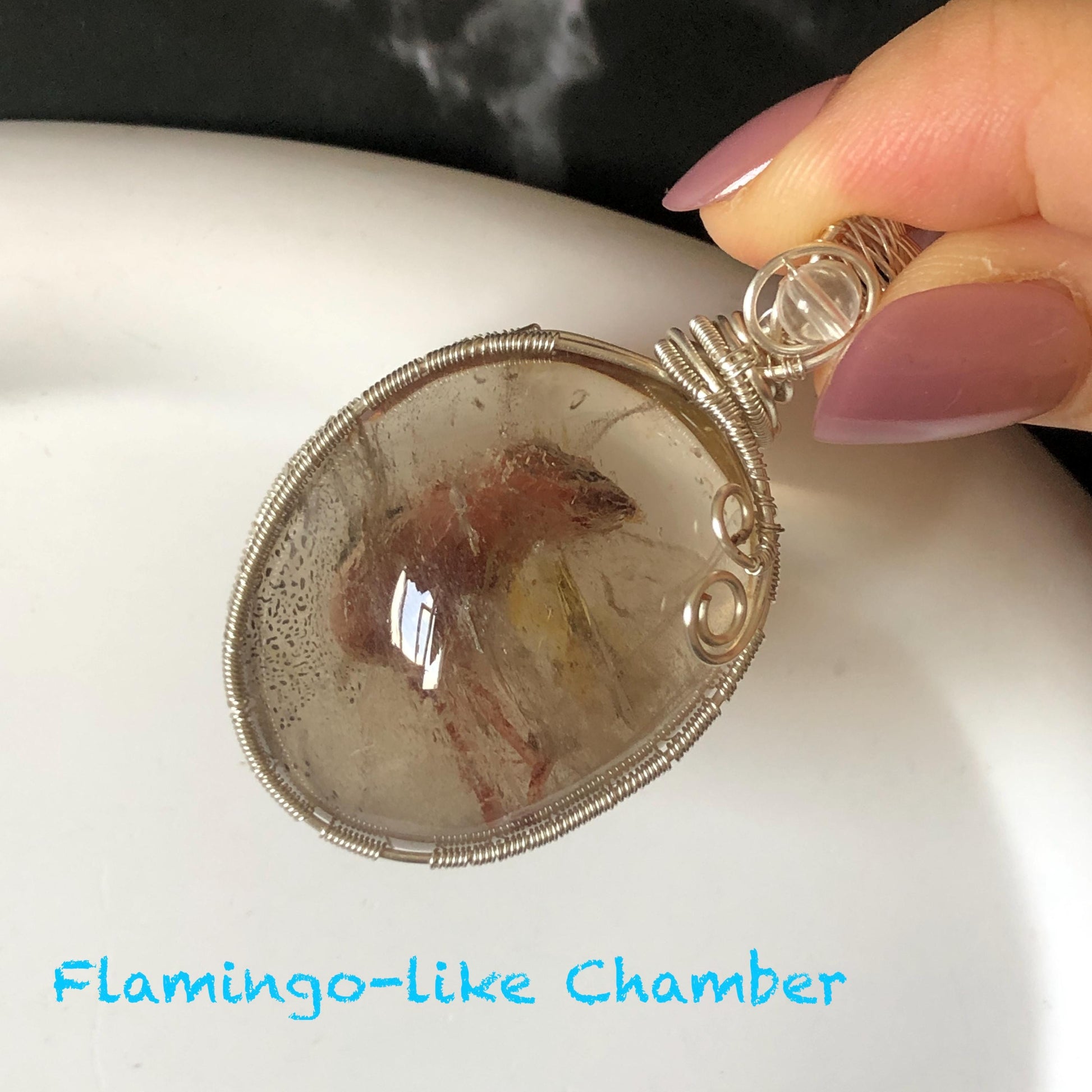 Super Rare! Polished Enhydro Quartz Wrapped Wire Pendant Adjustable Necklace: Moving Red Sand & Big Bubble with red stones Inclusion Crystal | High-Heel-Like / Flamingo-Like Chamber | Natural Gemstone Birthstone Gift for her enhydro quartz sand water-fall pendant necklace choker gemstone charm stone pendant choker polished stone pendant crystal charm birthstone men necklace chakra crystal minerals specimen silver wire wrapped pendant inclusion crystal inclusion crystal sediment stone