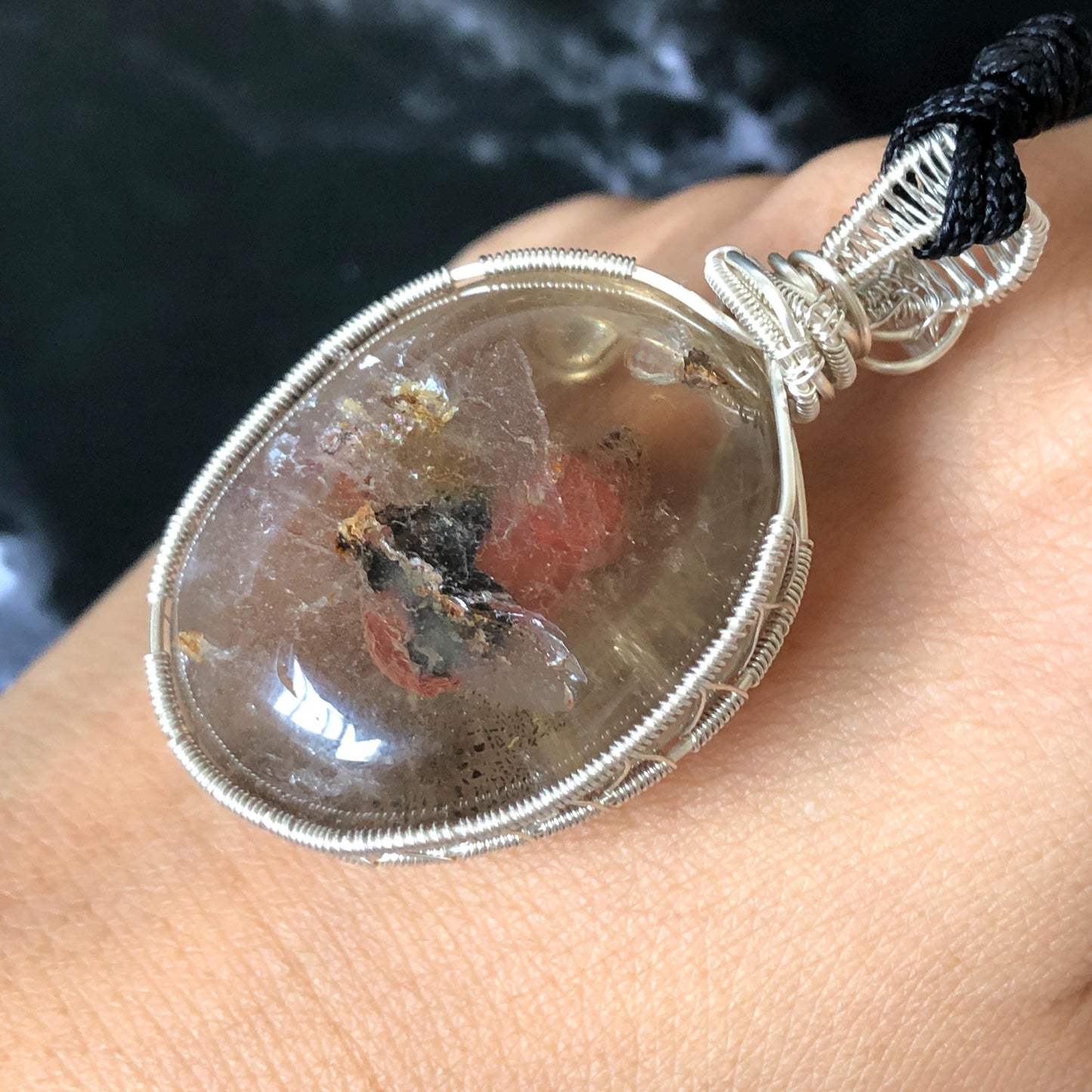 Super Rare! Polished Enhydro Quartz Wrapped Wire Pendant Adjustable Necklace: Moving Red Sand & Big Bubble with red stones Inclusion Crystal | High-Heel-Like / Flamingo-Like Chamber | Natural Gemstone Birthstone Gift for her enhydro quartz sand water-fall pendant necklace choker gemstone charm stone pendant choker polished stone pendant crystal charm birthstone men necklace chakra crystal minerals specimen silver wire wrapped pendant inclusion crystal inclusion crystal sediment stone