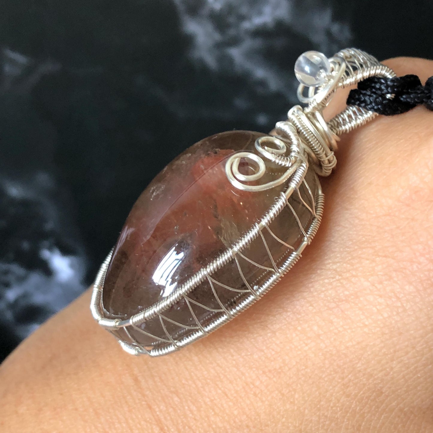 Super Rare! Polished Enhydro Quartz Wrapped Wire Pendant Adjustable Necklace: Moving Red Sand & Big Bubble with red stones Inclusion Crystal | High-Heel-Like / Flamingo-Like Chamber | Natural Gemstone Birthstone Gift for her enhydro quartz sand water-fall pendant necklace choker gemstone charm stone pendant choker polished stone pendant crystal charm birthstone men necklace chakra crystal minerals specimen silver wire wrapped pendant inclusion crystal inclusion crystal sediment stone