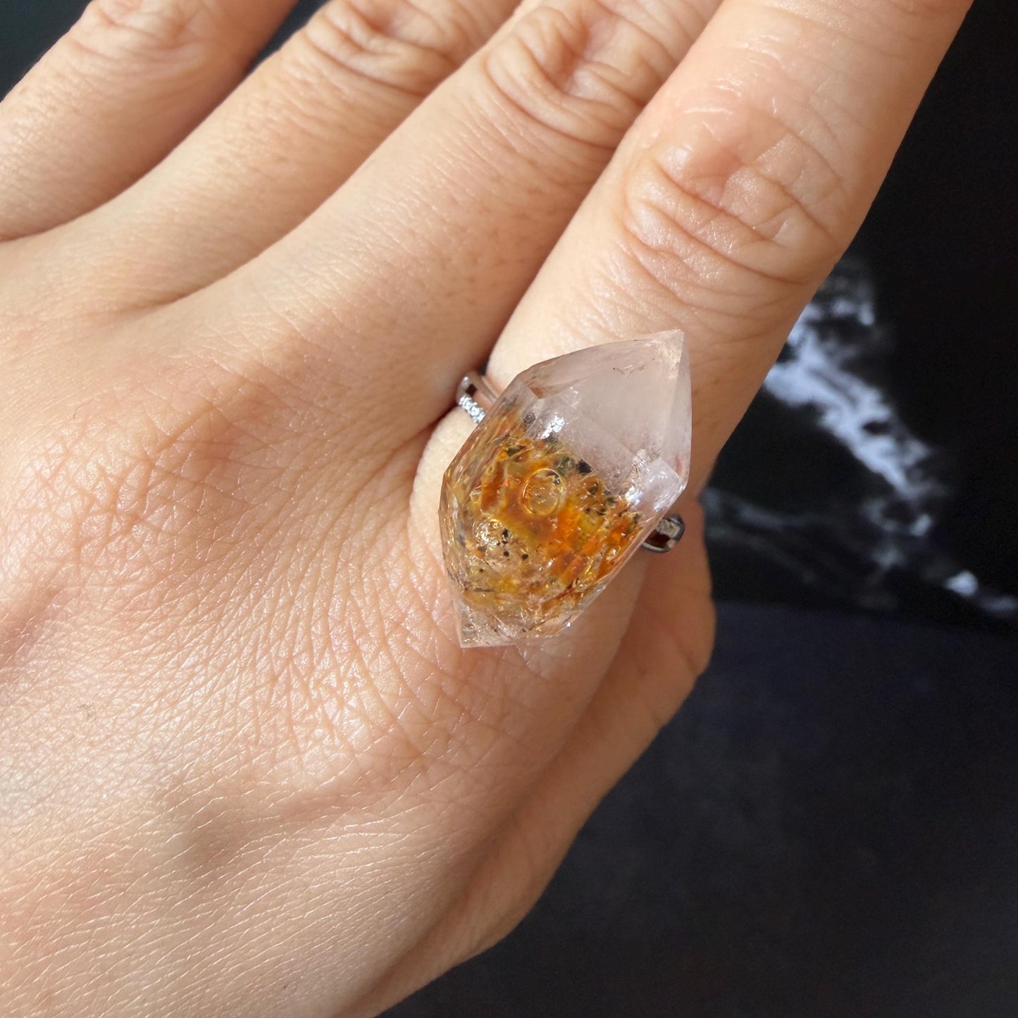Polished Petroleum Enhydro Quartz S925 Silver Adjustable Ring: Clear Bubble in Golden Red Petroleum Oil Inclusion | Natural Gemstone Birthstone Gift for her golden red oil enhydro quartz cocktail ring for women bold ring for men meditation rock healing stone chakra crystal big size ring crystal band ring herkimer diamond silver ring stackable ring women statement ring minerals specimen inclusion quartz inclusion crystal cocktail ring stackable ring