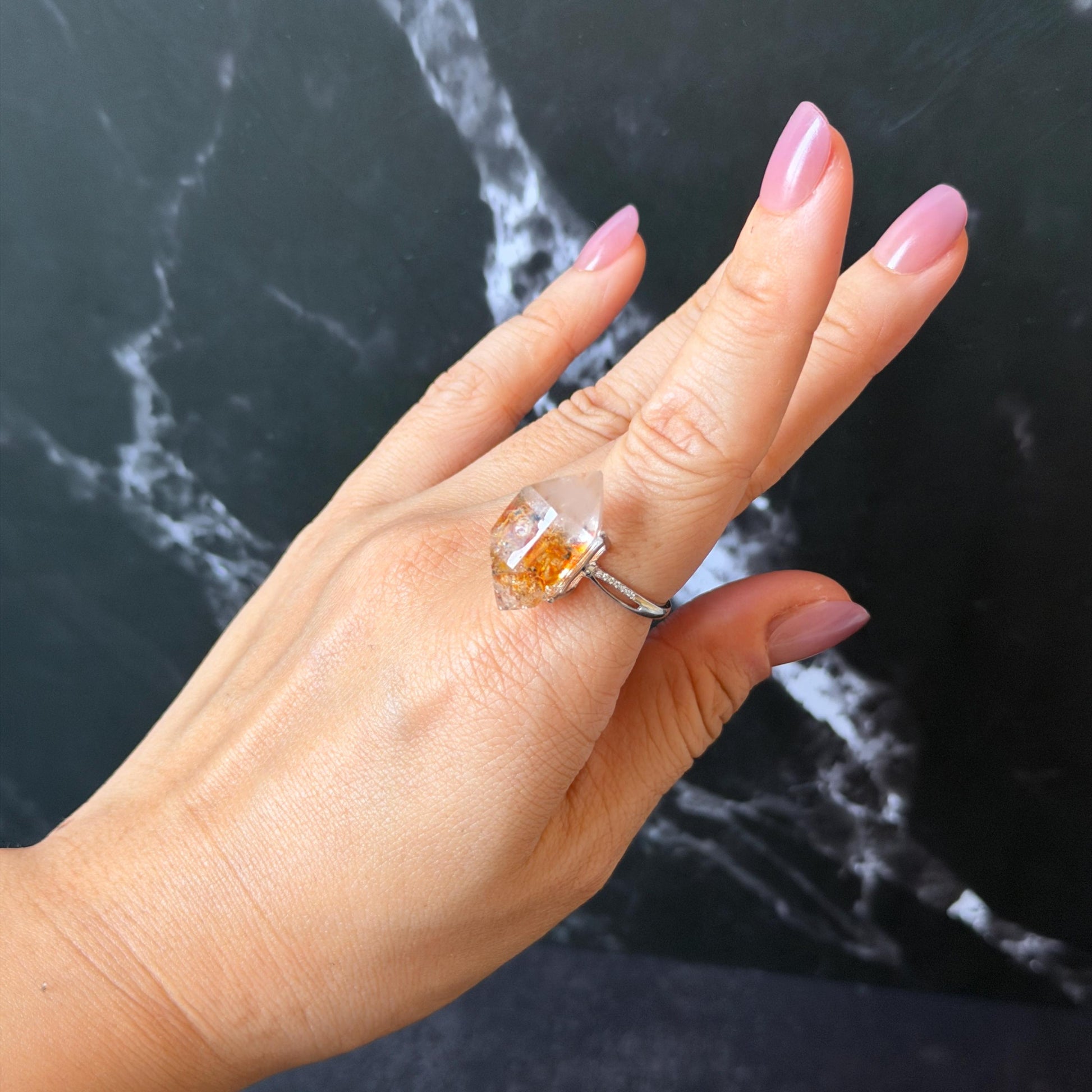 Polished Petroleum Enhydro Quartz S925 Silver Adjustable Ring: Clear Bubble in Golden Red Petroleum Oil Inclusion | Natural Gemstone Birthstone Gift for her golden red oil enhydro quartz cocktail ring for women bold ring for men meditation rock healing stone chakra crystal big size ring crystal band ring herkimer diamond silver ring stackable ring women statement ring minerals specimen inclusion quartz inclusion crystal cocktail ring stackable ring