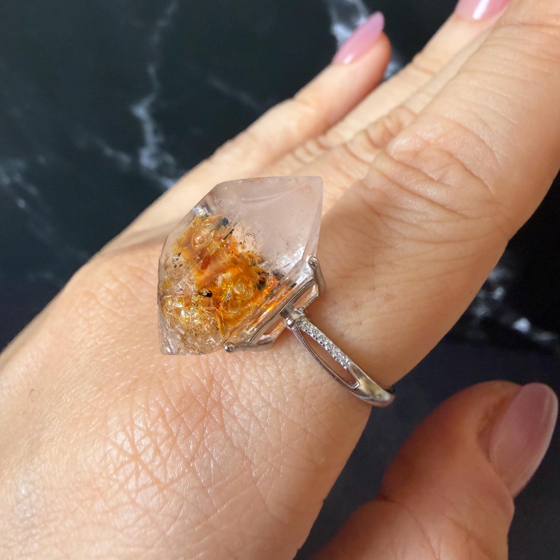 Polished Petroleum Enhydro Quartz S925 Silver Adjustable Ring: Clear Bubble in Golden Red Petroleum Oil Inclusion | Natural Gemstone Birthstone Gift for her golden red oil enhydro quartz cocktail ring for women bold ring for men meditation rock healing stone chakra crystal big size ring crystal band ring herkimer diamond silver ring stackable ring women statement ring minerals specimen inclusion quartz inclusion crystal cocktail ring stackable ring