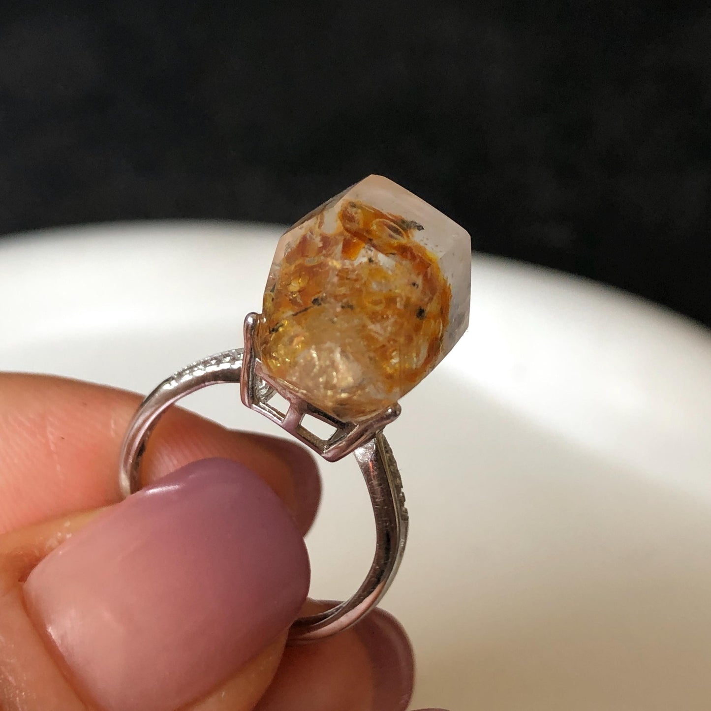 Polished Petroleum Enhydro Quartz S925 Silver Adjustable Ring: Clear Bubble in Golden Red Petroleum Oil Inclusion | Natural Gemstone Birthstone Gift for her golden red oil enhydro quartz cocktail ring for women bold ring for men meditation rock healing stone chakra crystal big size ring crystal band ring herkimer diamond silver ring stackable ring women statement ring minerals specimen inclusion quartz inclusion crystal cocktail ring stackable ring