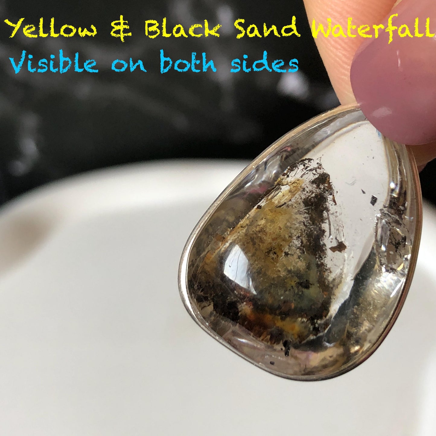 Ultra Rare! Polished Enhydro Quartz Wrapped Wire Pendant Adjustable Necklace: Moving Black & Yellow Sand with Big Bubble Inclusion Crystal | Natural Gemstone Birthstone Gift for her enhydro quartz sand water-fall pendant necklace choker gemstone charm stone pendant choker polished stone pendant crystal charm birthstone men necklace chakra crystal minerals specimen silver wire wrapped pendant inclusion crystal inclusion crystal  yellow sand inclusion