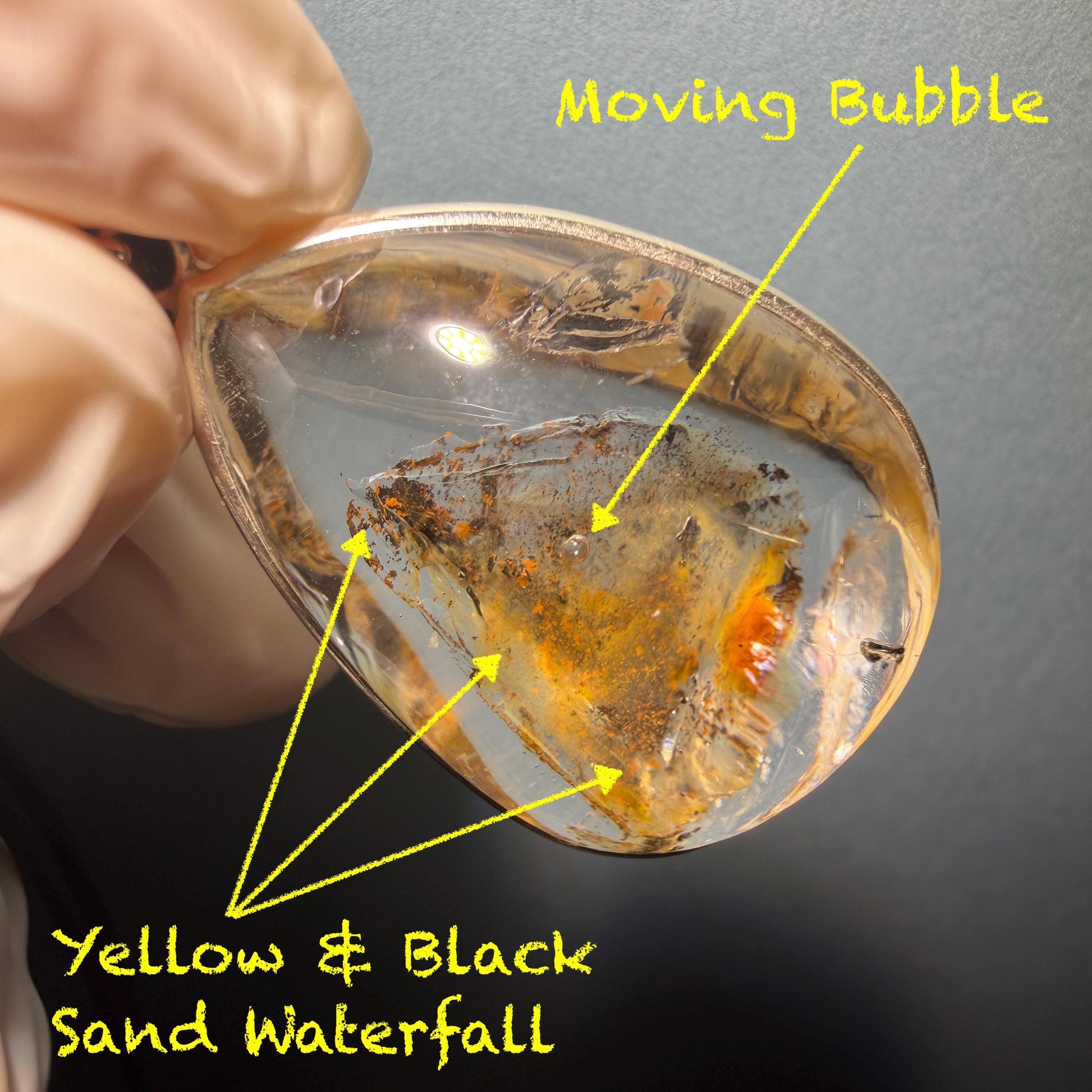 Ultra Rare! Polished Enhydro Quartz Wrapped Wire Pendant Adjustable Necklace: Moving Black & Yellow Sand with Big Bubble Inclusion Crystal | Natural Gemstone Birthstone Gift for her enhydro quartz sand water-fall pendant necklace choker gemstone charm stone pendant choker polished stone pendant crystal charm birthstone men necklace chakra crystal minerals specimen silver wire wrapped pendant inclusion crystal inclusion crystal  yellow sand inclusion