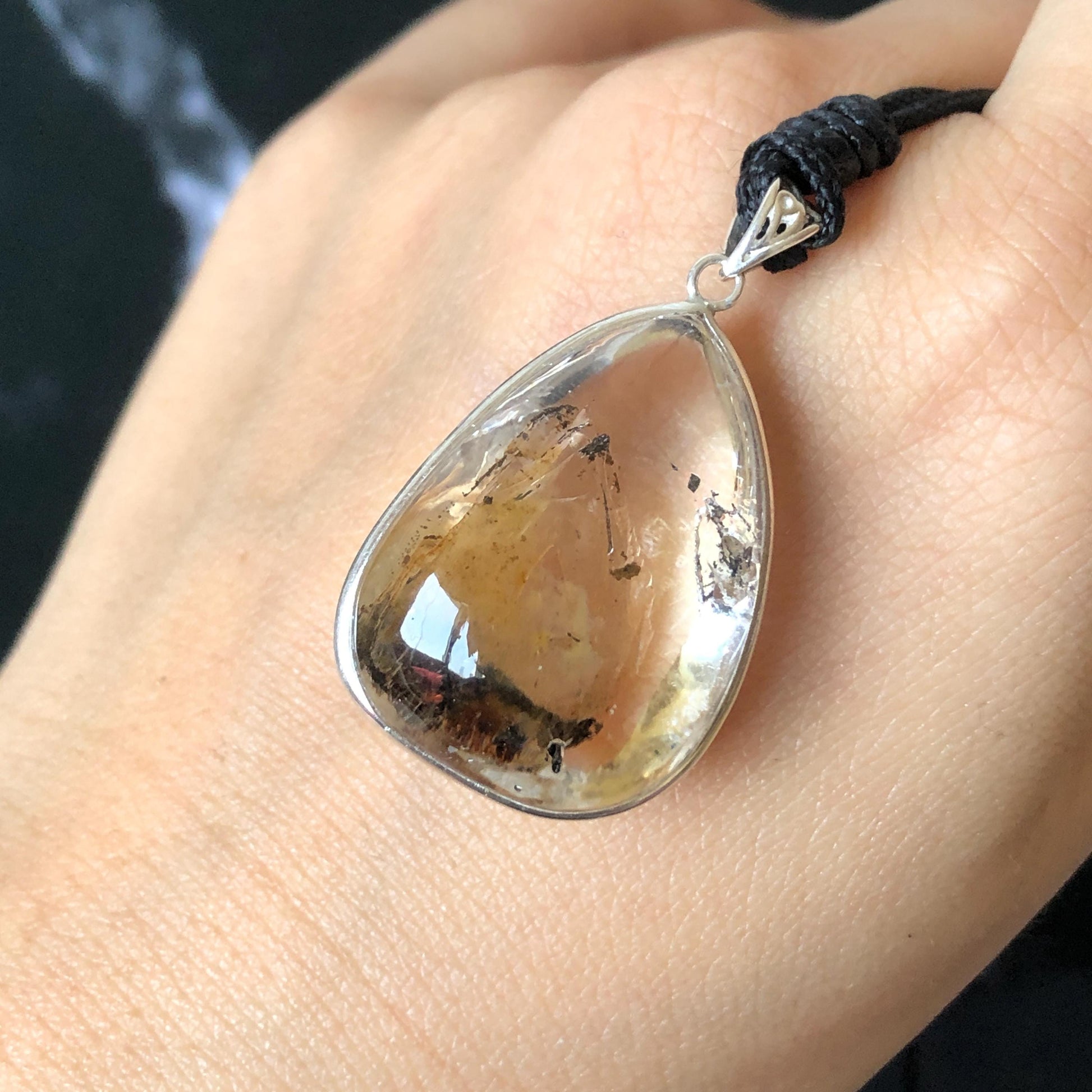 Ultra Rare! Polished Enhydro Quartz Wrapped Wire Pendant Adjustable Necklace: Moving Black & Yellow Sand with Big Bubble Inclusion Crystal | Natural Gemstone Birthstone Gift for her enhydro quartz sand water-fall pendant necklace choker gemstone charm stone pendant choker polished stone pendant crystal charm birthstone men necklace chakra crystal minerals specimen silver wire wrapped pendant inclusion crystal inclusion crystal  yellow sand inclusion